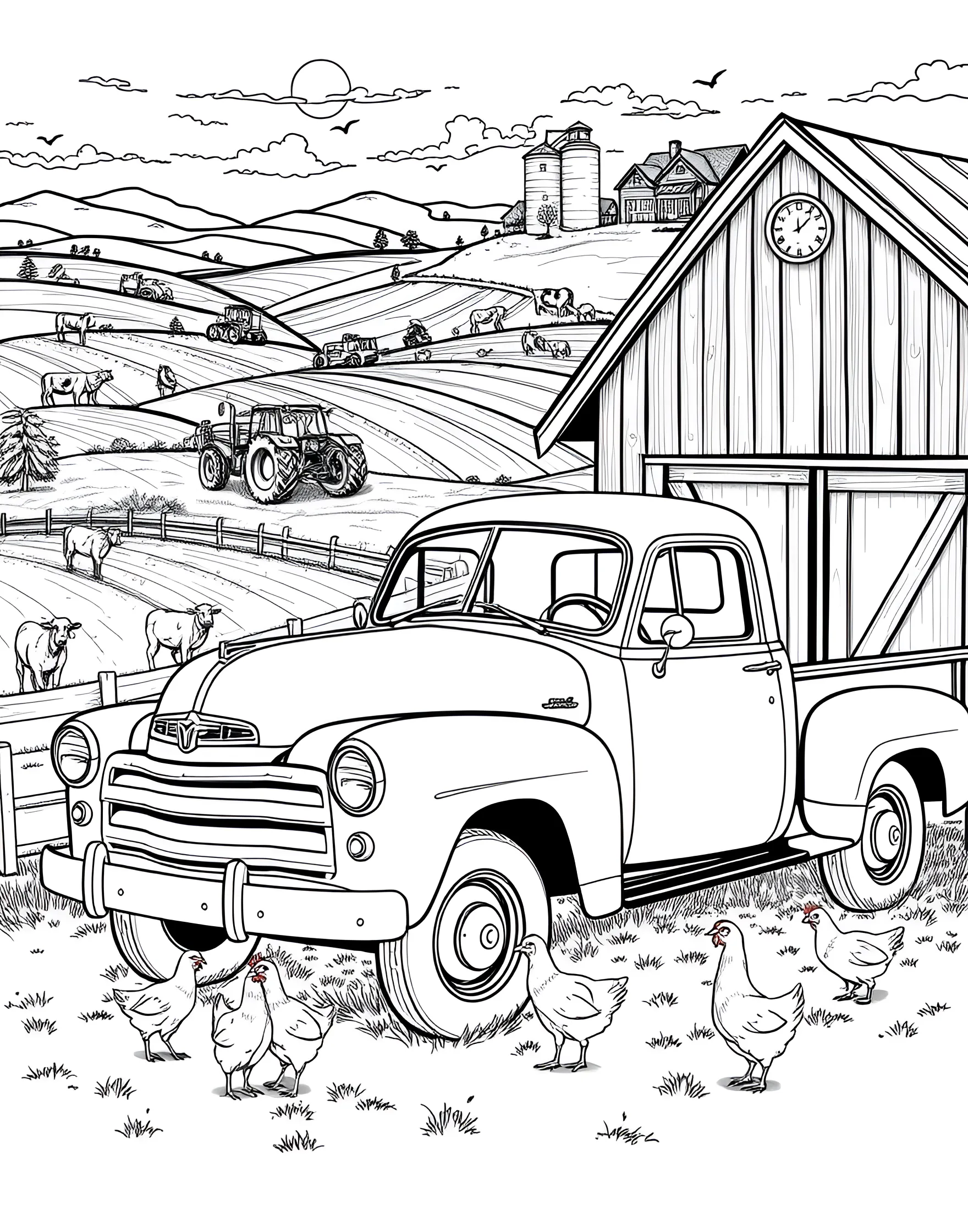 Vintage Pickup Truck on the Farm Coloring Page -- prompt: "An old pickup truck parked near a barn on a farm with animals and fields visible." -- This charming coloring page showcases a classic pickup truck parked on a rustic farm. The detailed vintage vehicle is surrounded by elements of farm life, including a red barn, bales of hay, and grazing animals. It's a delightful choice for those who appreciate the nostalgia of rural Americana.