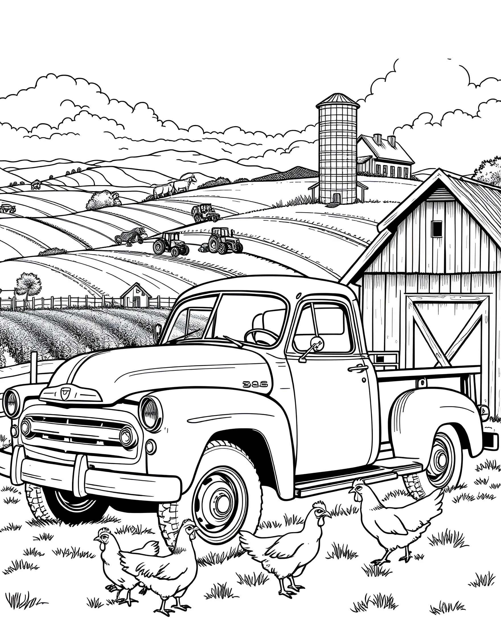 Vintage Pickup Truck on the Farm Coloring Page -- prompt: "An old pickup truck parked near a barn on a farm with animals and fields visible." -- This charming coloring page showcases a classic pickup truck parked on a rustic farm. The detailed vintage vehicle is surrounded by elements of farm life, including a red barn, bales of hay, and grazing animals. It's a delightful choice for those who appreciate the nostalgia of rural Americana.