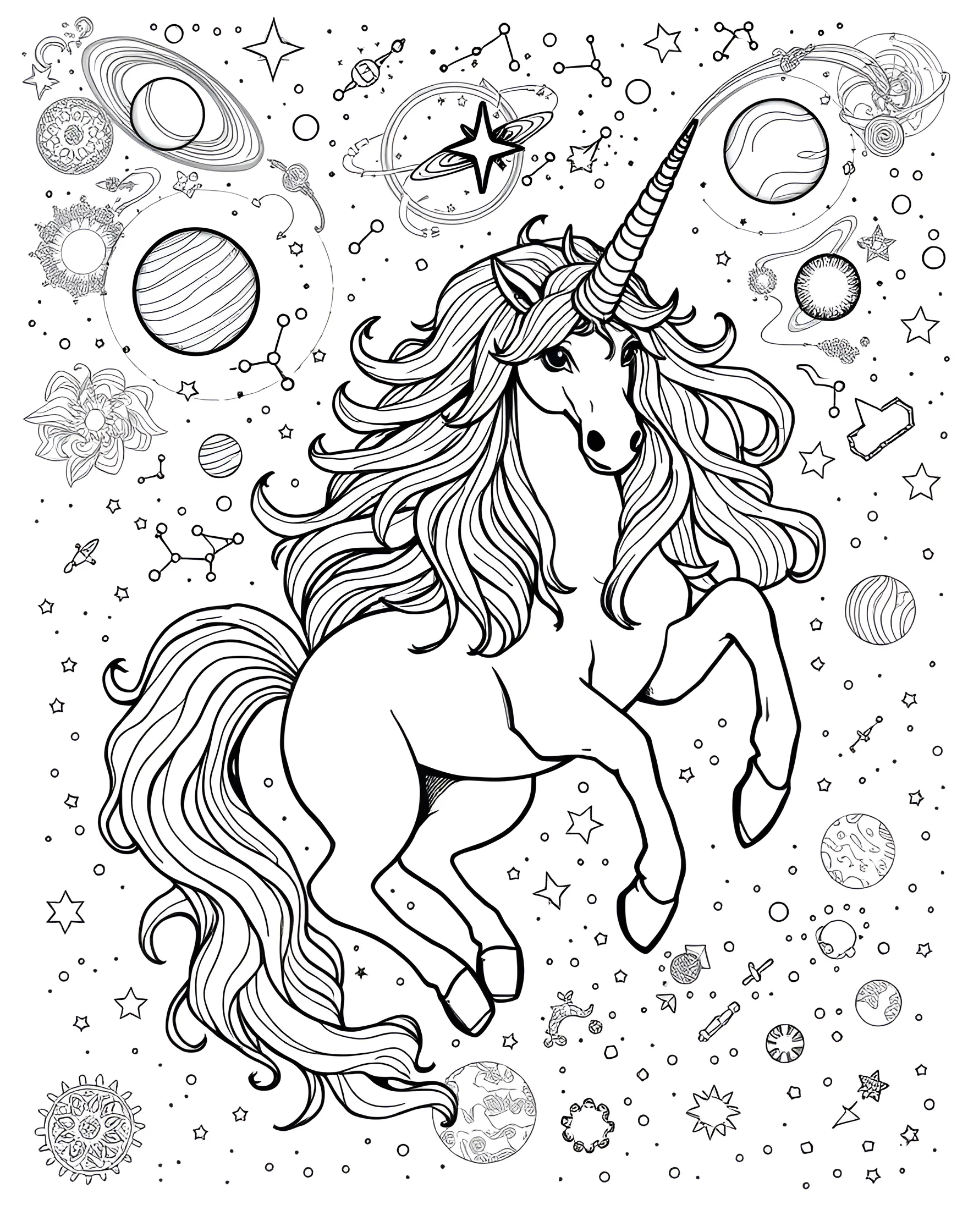 Unicorn in Space Coloring Page -- prompt: "A unicorn floating in outer space, surrounded by stars, planets, and galaxies." -- Blast off into the cosmos with this out-of-this-world unicorn coloring page. The unicorn is depicted floating in space, surrounded by stars, planets, and galaxies. This page offers a chance to explore cool color palettes and create a sense of infinite wonder.