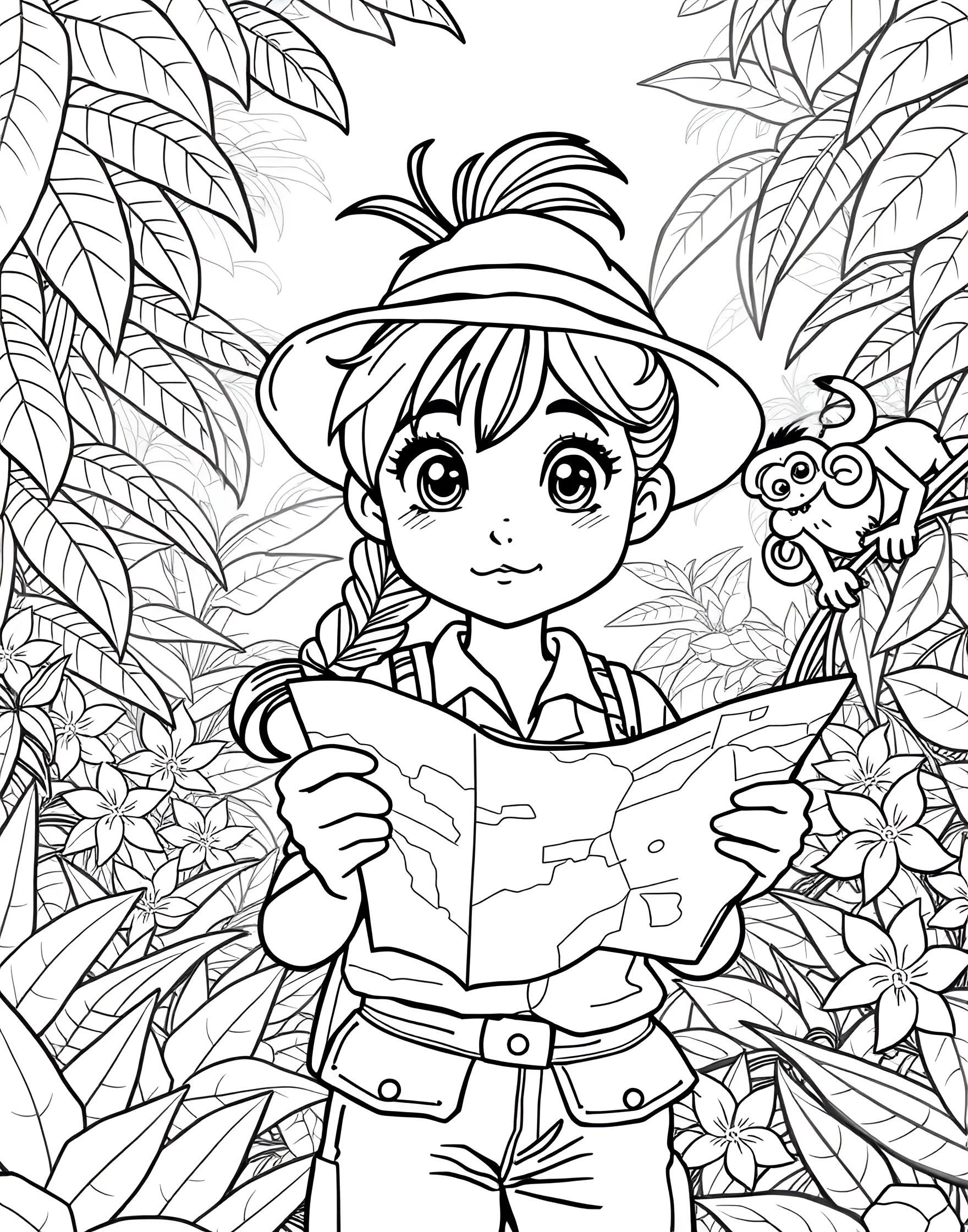 Adventurous Girl Explorer Coloring Page -- prompt: "A girl explorer in safari outfit holding a map, standing in a lush jungle setting." -- Embark on an exciting journey with this coloring page featuring a girl explorer. Dressed in safari gear and holding a map, she's ready for her next big adventure. This page inspires a sense of curiosity and bravery in young colorists.