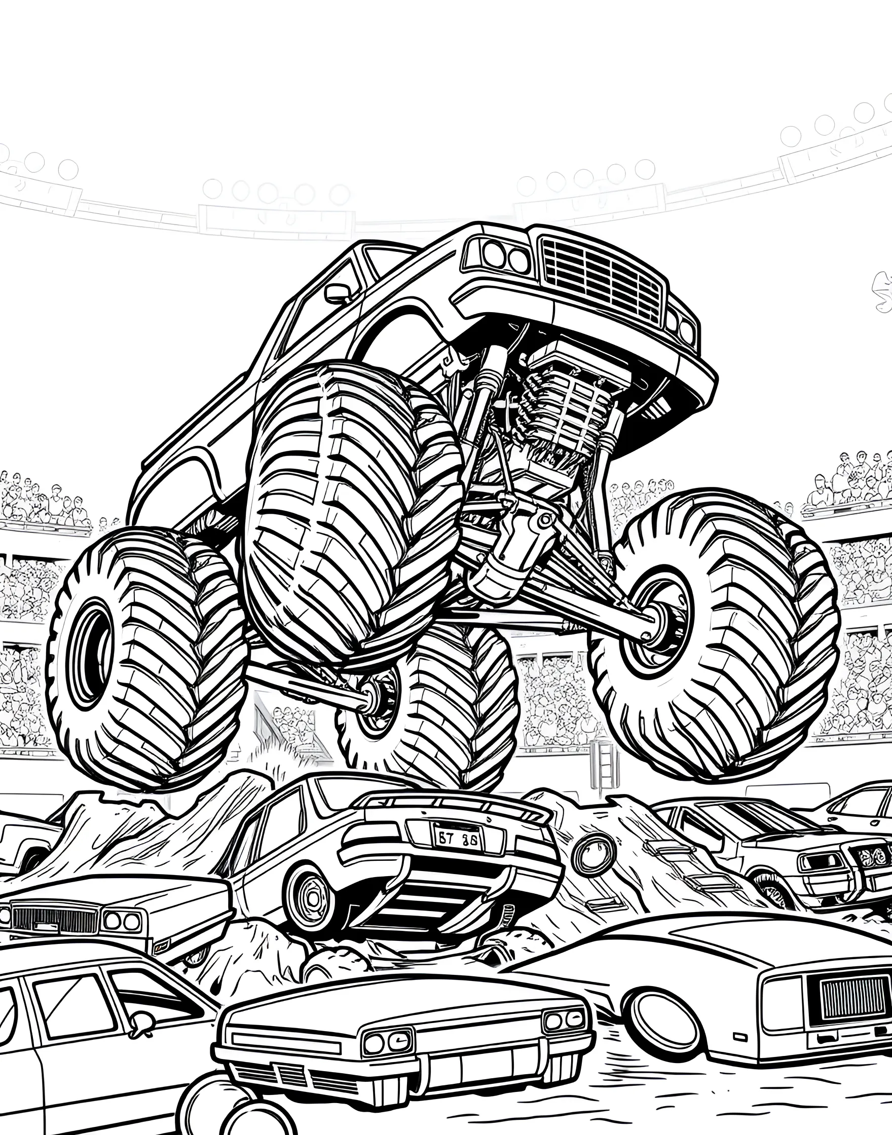 Monster Truck Rally Coloring Page -- prompt: "A monster truck jumping over crushed cars in a stadium arena." -- Get ready for some high-octane fun with this action-packed Monster Truck Rally coloring page! The mighty truck is shown mid-jump, soaring over crushed cars with its massive wheels. Kids will love adding vibrant colors to the truck's bold design and imagining the roar of the crowd as it performs jaw-dropping stunts.