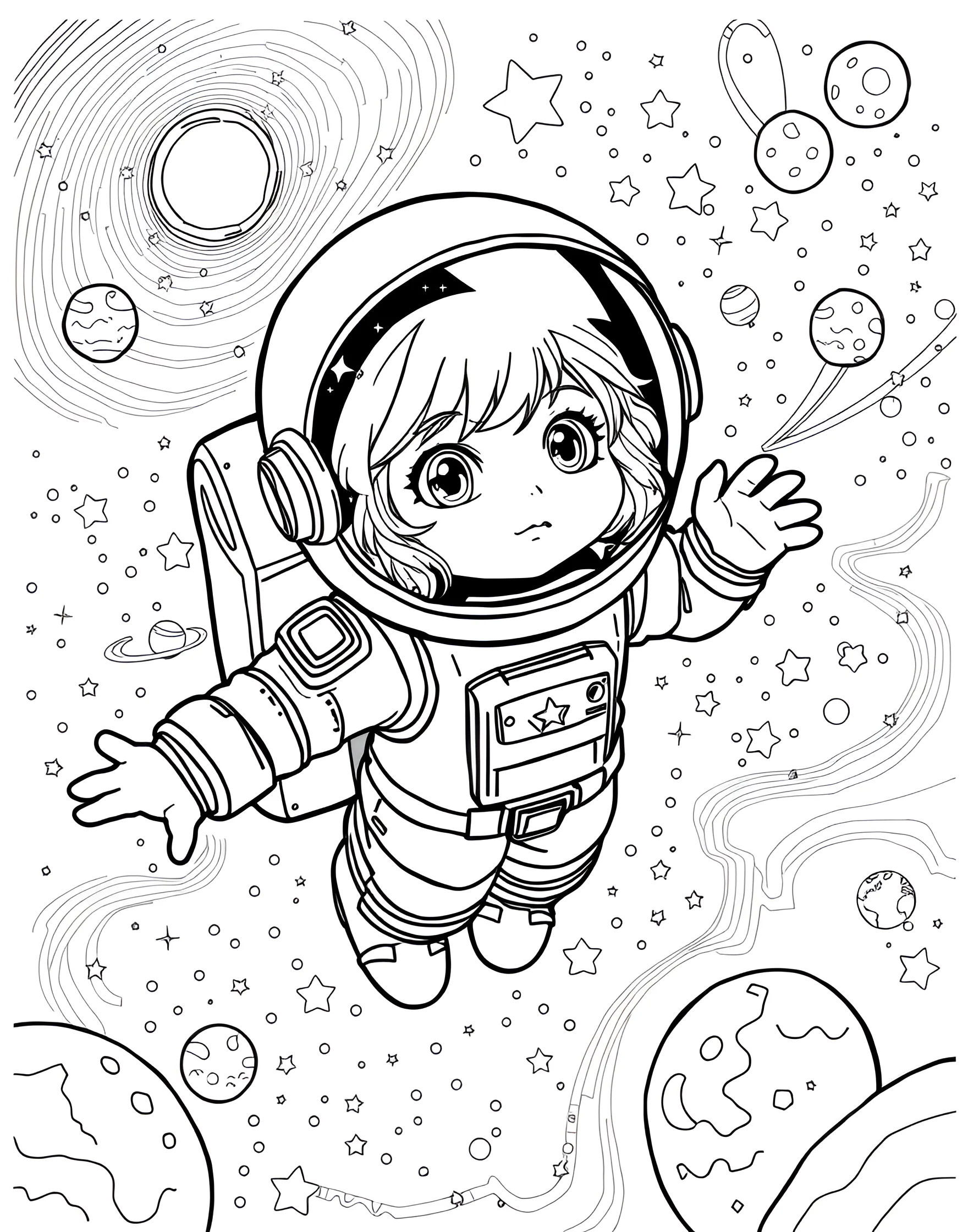 Brave Girl Astronaut Coloring Page -- prompt: "A young girl in an astronaut suit floating in space with stars and planets in the background." -- This inspiring coloring page features a young girl dressed as an astronaut, ready to explore the cosmos. Her spacesuit is adorned with patches and her helmet visor reflects the starry sky. The background showcases a distant planet and twinkling stars, encouraging girls to dream big and reach for the stars.