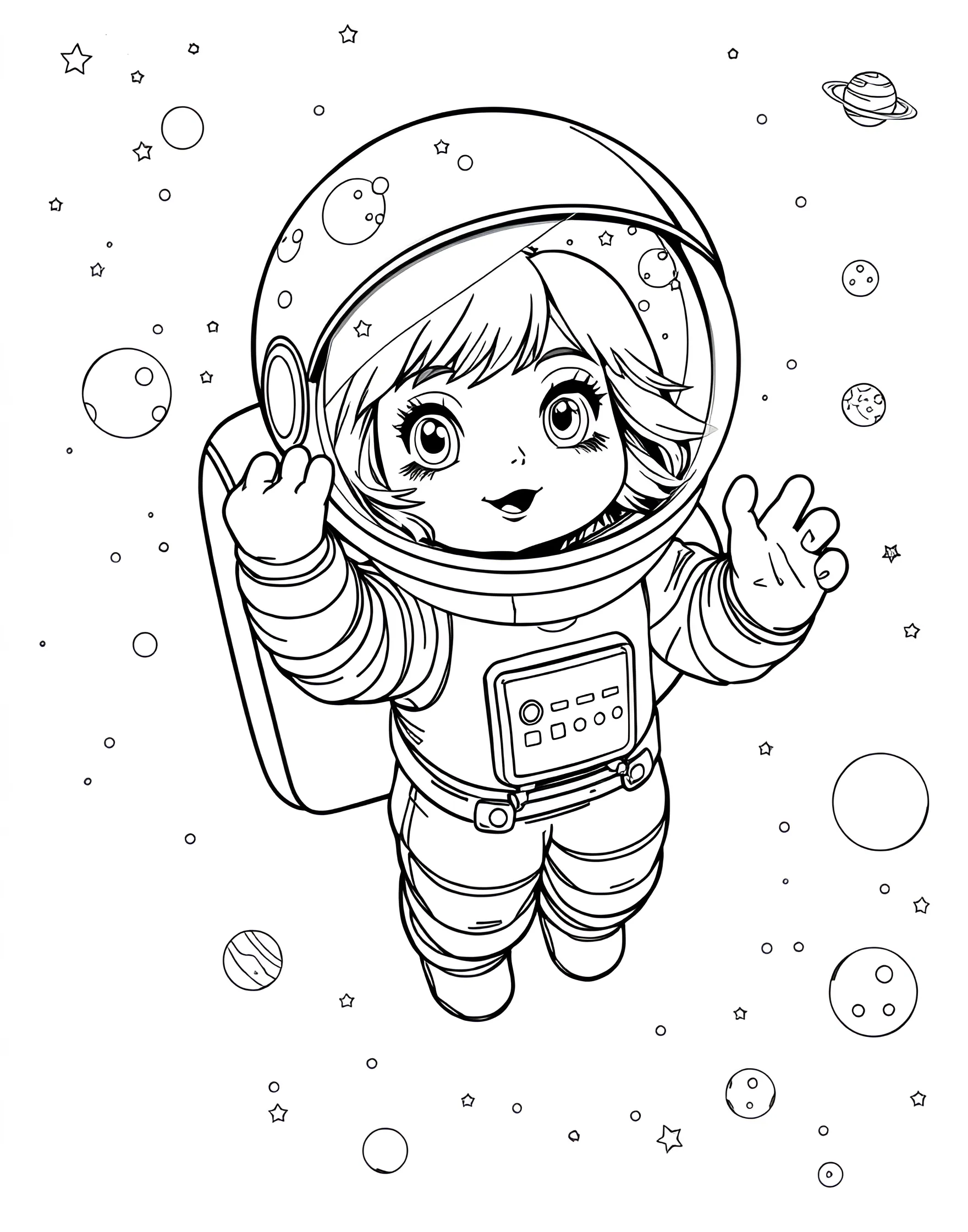 Brave Girl Astronaut Coloring Page -- prompt: "A young girl in an astronaut suit floating in space with stars and planets in the background." -- This inspiring coloring page features a young girl dressed as an astronaut, ready to explore the cosmos. Her spacesuit is adorned with patches and her helmet visor reflects the starry sky. The background showcases a distant planet and twinkling stars, encouraging girls to dream big and reach for the stars.