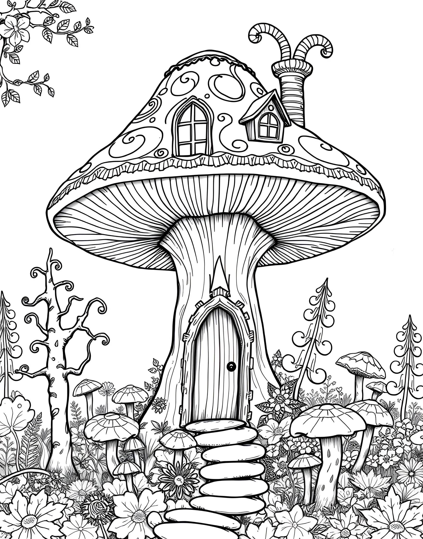 Giant Mushroom House Coloring Page -- prompt: "A large mushroom transformed into a house with windows, a door, and a chimney in a forest setting." -- Imagine living in a cozy mushroom home with this charming coloring page. A large, spotted mushroom cap serves as the roof, while windows and a door transform the stem into a quaint dwelling. This page is perfect for nurturing creativity and encouraging children to imagine magical, miniature worlds.