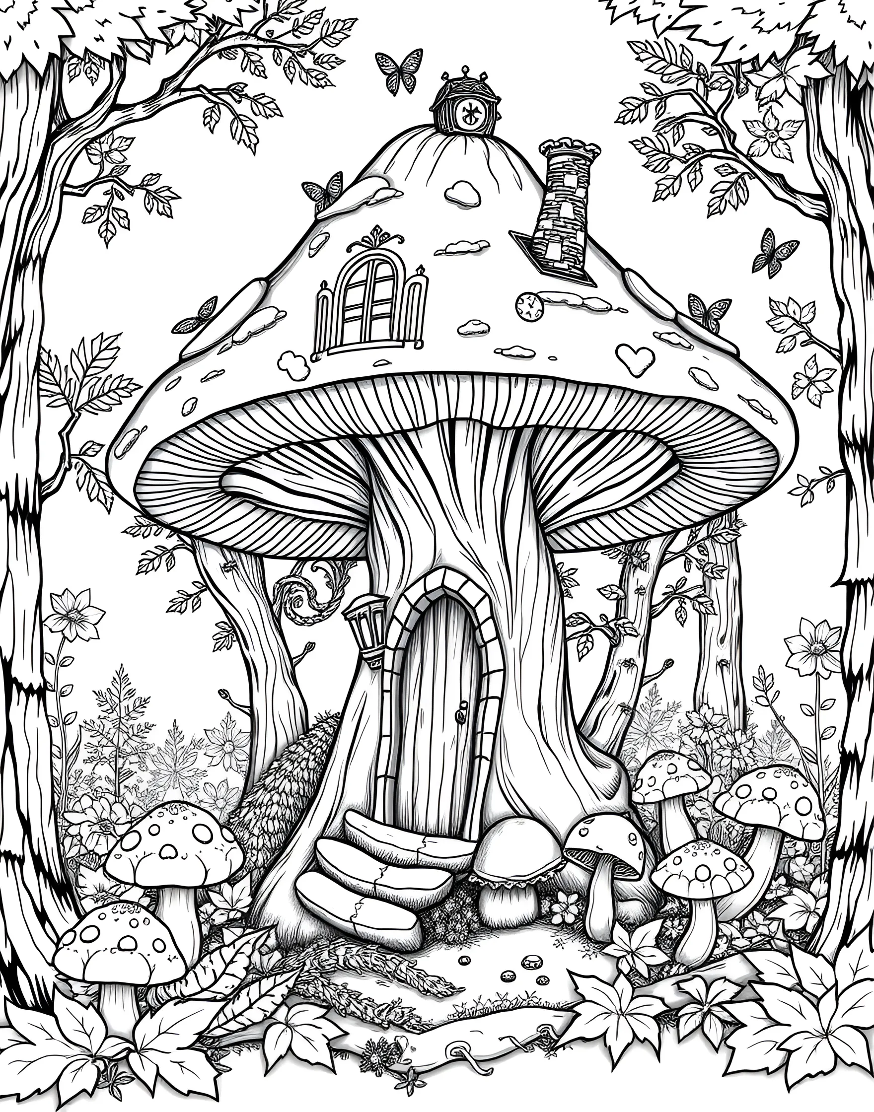 Giant Mushroom House Coloring Page -- prompt: "A large mushroom transformed into a house with windows, a door, and a chimney in a forest setting." -- Imagine living in a cozy mushroom home with this charming coloring page. A large, spotted mushroom cap serves as the roof, while windows and a door transform the stem into a quaint dwelling. This page is perfect for nurturing creativity and encouraging children to imagine magical, miniature worlds.