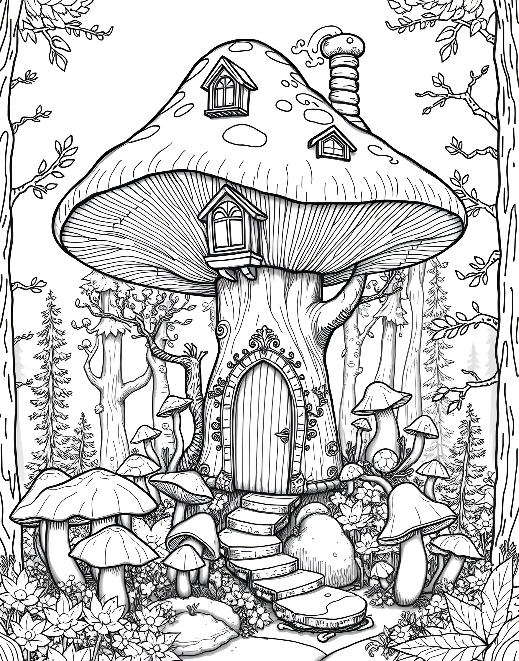 Giant Mushroom House Coloring Page -- prompt: "A large mushroom transformed into a house with windows, a door, and a chimney in a forest setting." -- Imagine living in a cozy mushroom home with this charming coloring page. A large, spotted mushroom cap serves as the roof, while windows and a door transform the stem into a quaint dwelling. This page is perfect for nurturing creativity and encouraging children to imagine magical, miniature worlds.