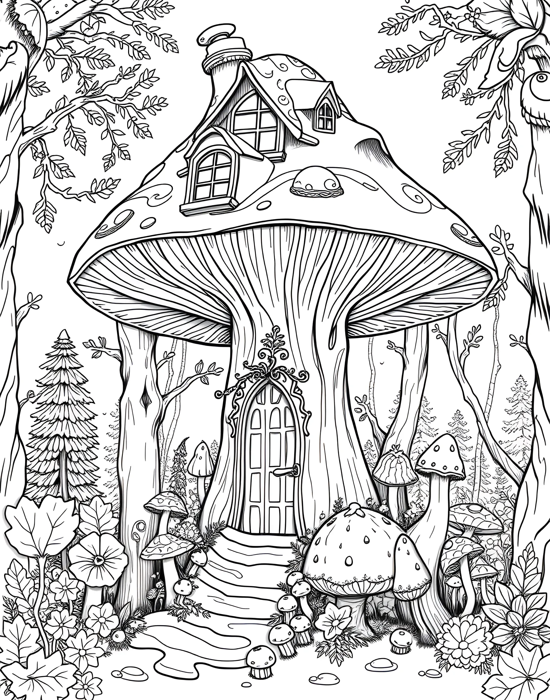 Giant Mushroom House Coloring Page -- prompt: "A large mushroom transformed into a house with windows, a door, and a chimney in a forest setting." -- Imagine living in a cozy mushroom home with this charming coloring page. A large, spotted mushroom cap serves as the roof, while windows and a door transform the stem into a quaint dwelling. This page is perfect for nurturing creativity and encouraging children to imagine magical, miniature worlds.