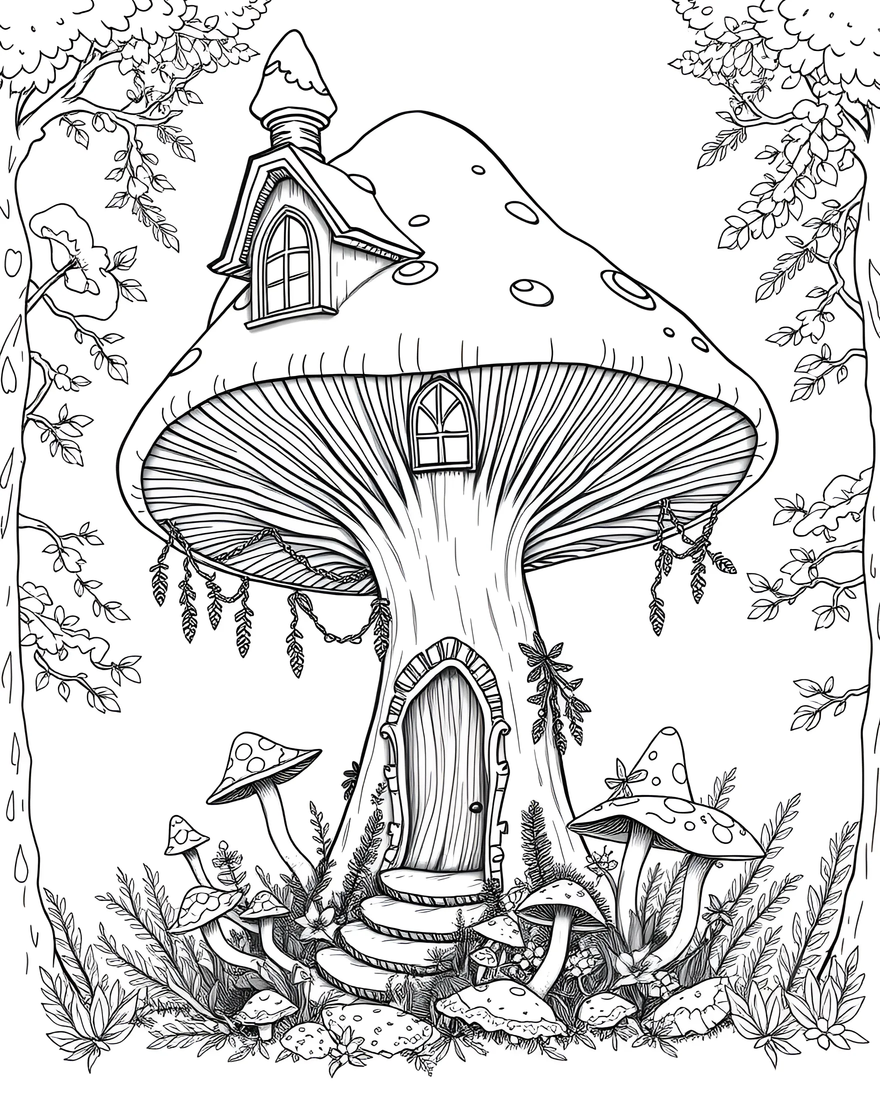 Giant Mushroom House Coloring Page -- prompt: "A large mushroom transformed into a house with windows, a door, and a chimney in a forest setting." -- Imagine living in a cozy mushroom home with this charming coloring page. A large, spotted mushroom cap serves as the roof, while windows and a door transform the stem into a quaint dwelling. This page is perfect for nurturing creativity and encouraging children to imagine magical, miniature worlds.