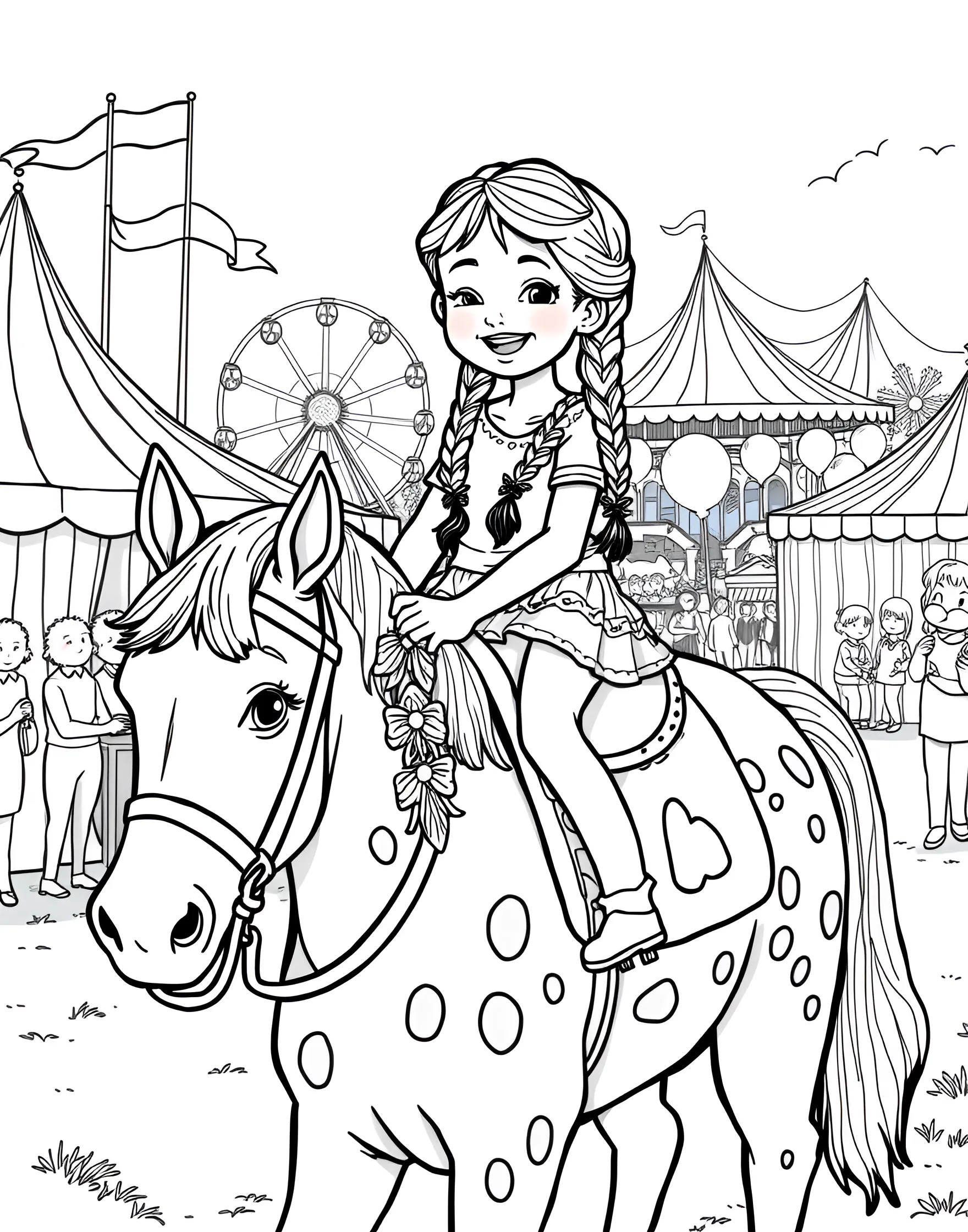 Pony Ride at the Fair Coloring Page -- prompt: "A child enjoying a pony ride at a country fair, surrounded by tents and attractions." -- Relive childhood memories with this delightful pony ride coloring page. A smiling child sits atop a gentle pony, led by a handler at a country fair. Colorful fair tents and attractions in the background add to the festive atmosphere, offering plenty of cheerful details to color.