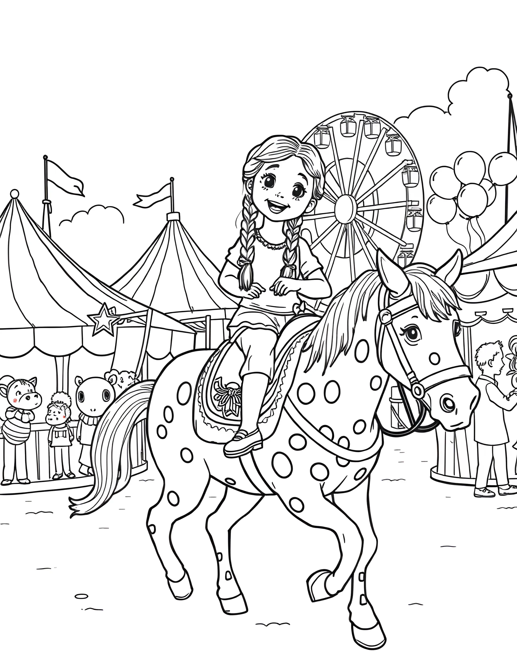 Pony Ride at the Fair Coloring Page -- prompt: "A child enjoying a pony ride at a country fair, surrounded by tents and attractions." -- Relive childhood memories with this delightful pony ride coloring page. A smiling child sits atop a gentle pony, led by a handler at a country fair. Colorful fair tents and attractions in the background add to the festive atmosphere, offering plenty of cheerful details to color.