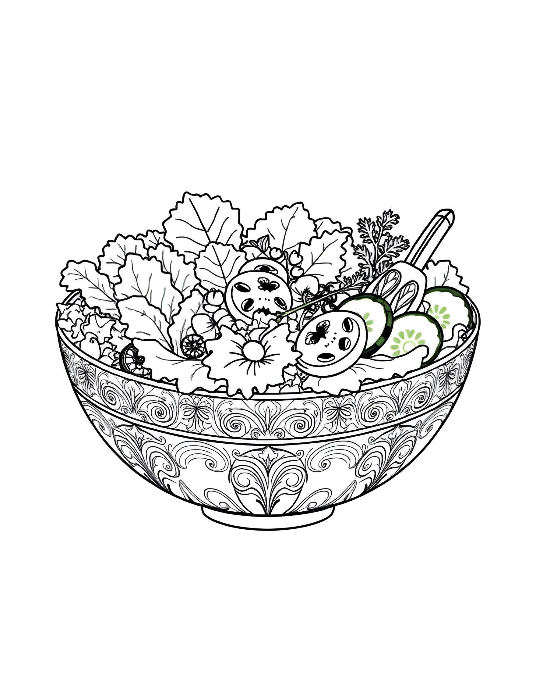 Salad Bowl Spectacular Coloring Page -- prompt: "A large bowl filled with a variety of salad ingredients including lettuce, tomatoes, cucumbers, and other vegetables." -- Embrace healthy eating with this vibrant salad bowl coloring page. A large bowl is filled with an array of fresh vegetables, leafy greens, and toppings. It's an excellent opportunity to use a wide range of colors and learn about nutritious ingredients.