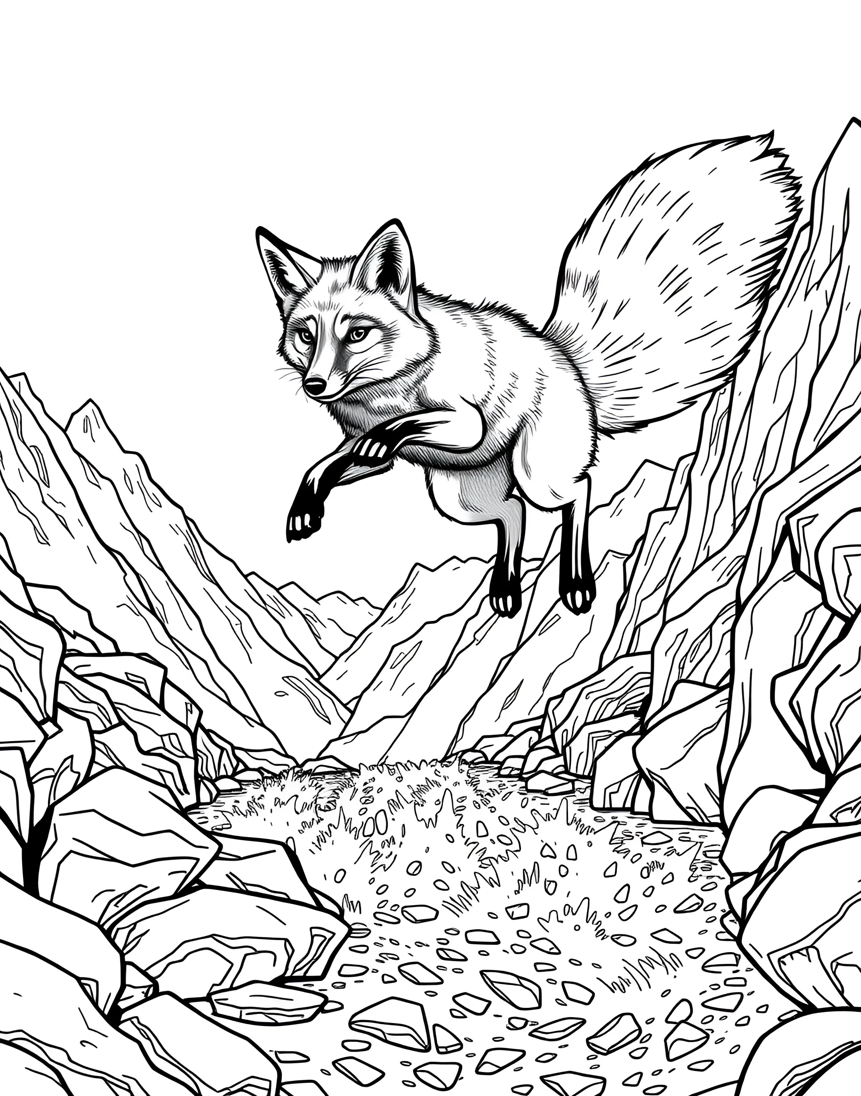 Leaping Fox in a Mountain Landscape Coloring Page -- prompt: "A fox jumping over a river with mountains in the background." -- Capture the agility and grace of a fox with this dynamic coloring page. The fox is shown mid-leap against a backdrop of majestic mountains and a flowing river. This page is ideal for those who enjoy creating a sense of movement and incorporating dramatic landscapes into their coloring.