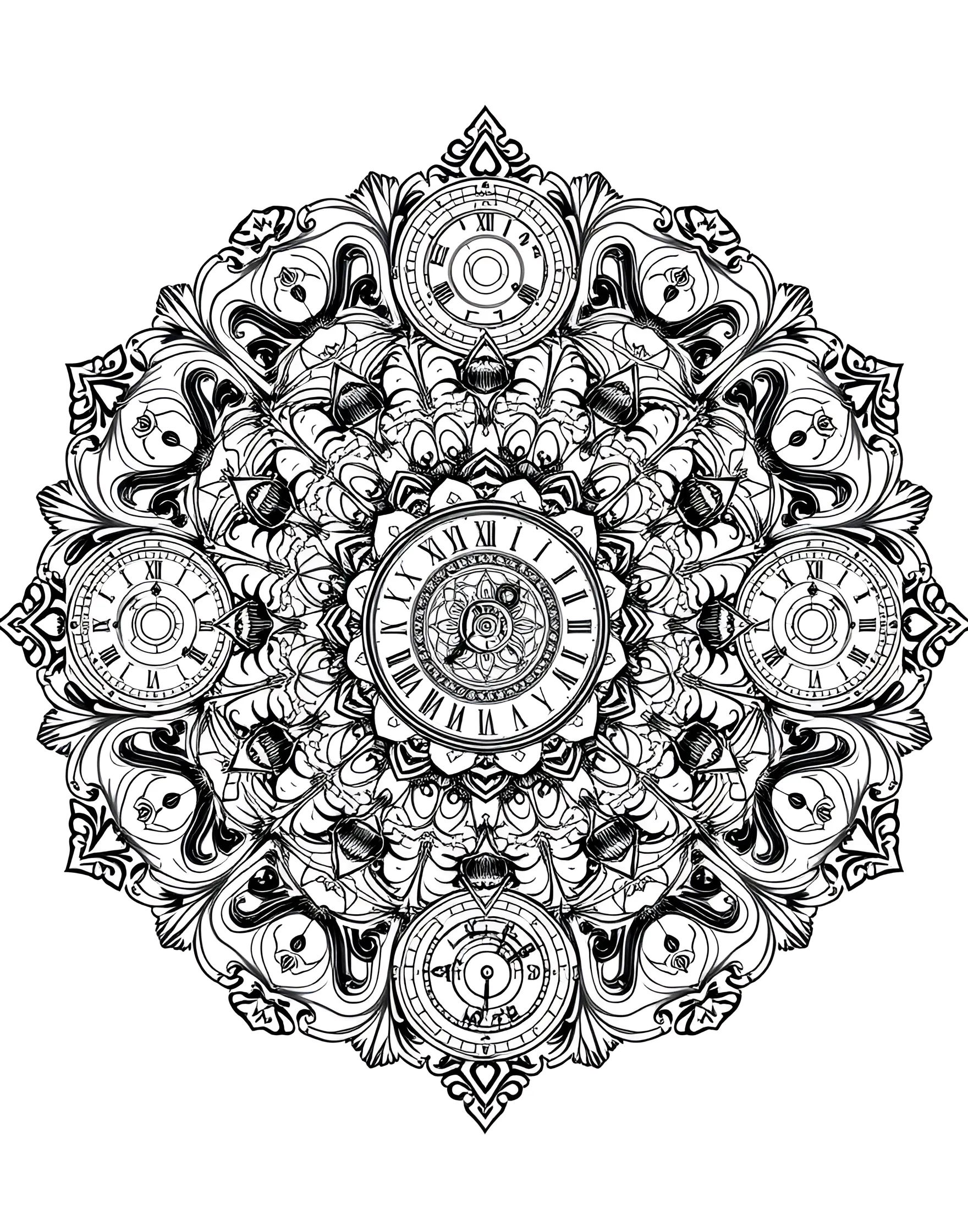 Clockwork Mechanism Mandala Coloring Page -- prompt: "A mandala composed of various clock and watch elements, including gears, springs, and clock faces arranged in a circular, mechanical design." -- Dive into the inner workings of time with this clockwork-inspired mandala. Gears, springs, and clock faces form an intricate circular pattern. As you color, imagine the ticking and whirring of this fantastical timepiece.