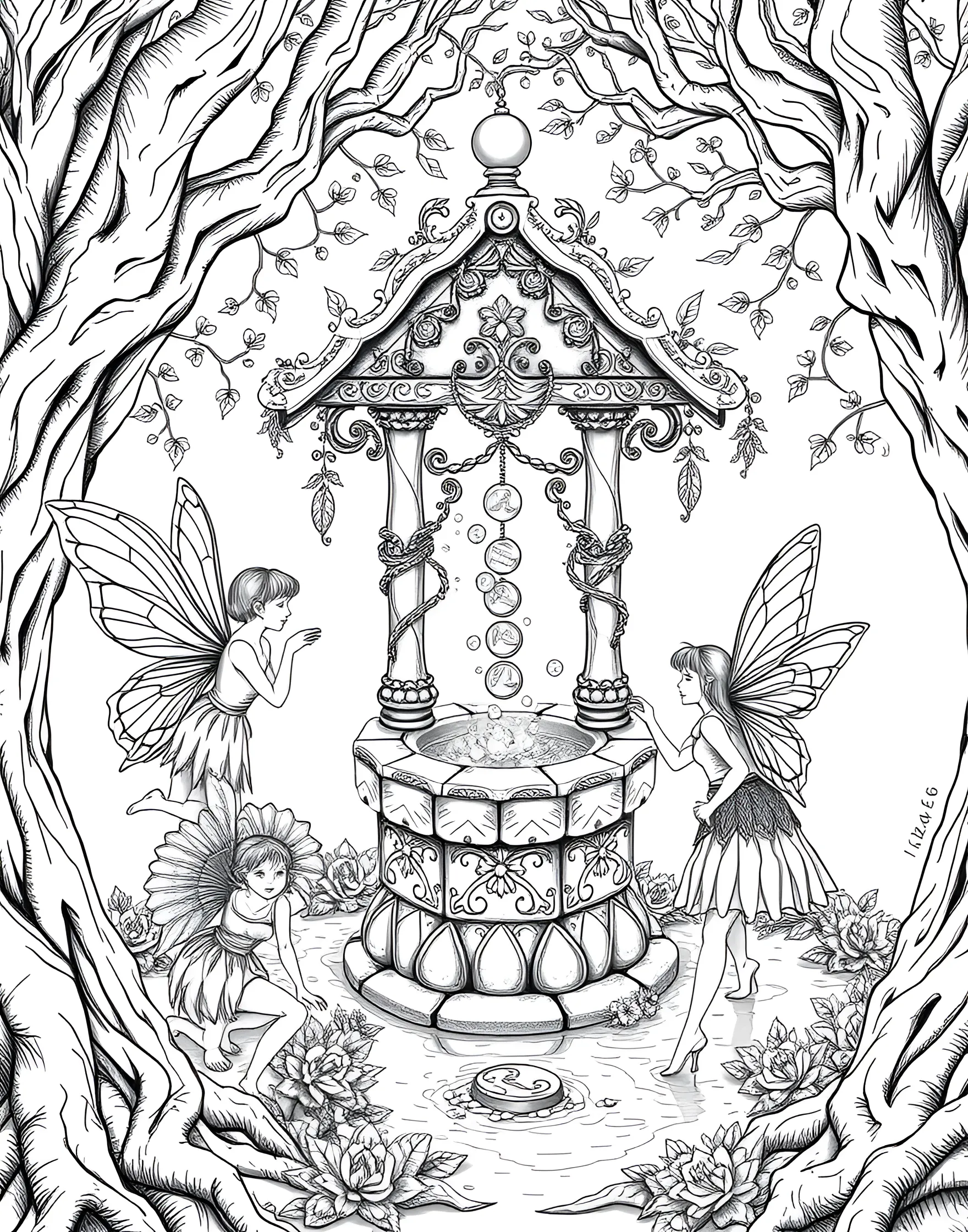 Fairy Wishing Well in the Enchanted Forest Coloring Page -- prompt: "A group of fairies gathered around an ornate wishing well in a magical forest, tossing glowing coins into the water." -- This magical coloring page centers around an ornate fairy wishing well deep in an enchanted forest. A curious fairy peers into its depths while others toss glowing coins into the water. Surrounding the well are mystical plants and creatures, creating a scene full of wonder and detail to color.