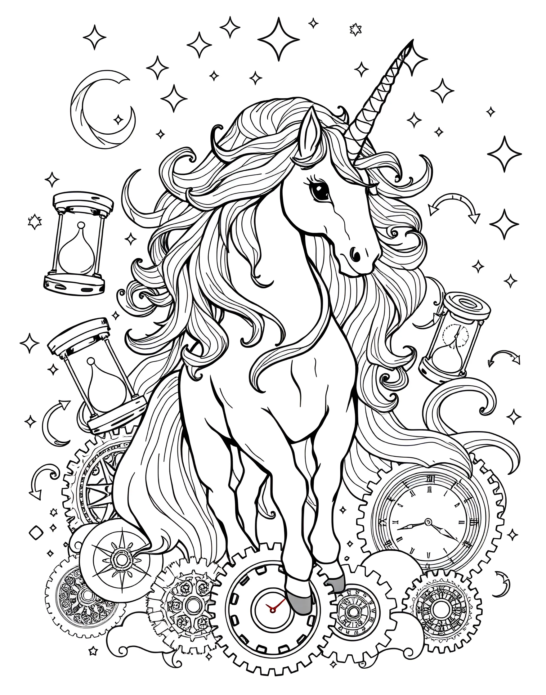 Unicorn Time Travel Adventure Coloring Page -- prompt: "A unicorn surrounded by clocks, hourglasses, and swirling time vortexes, as if traveling through time." -- Embark on a journey through time with this imaginative coloring page of a unicorn time traveler. The unicorn is surrounded by clocks, hourglasses, and swirling time vortexes, ready for its next temporal adventure. This page is ideal for those who love science fiction elements mixed with fantasy.