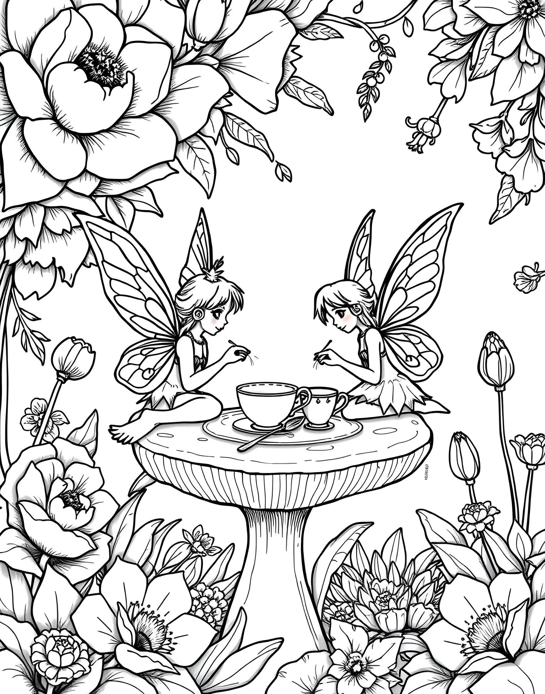 Fairy Garden Tea Party Coloring Page -- prompt: "Fairy garden tea party with tiny fairies, miniature tea set, and oversized flowers and toadstools." -- Enter a whimsical world with this fairy garden tea party coloring page. Tiny fairies flit around a miniature tea set nestled among oversized flowers and toadstools. The intricate details of the fairies' wings, dresses, and the garden setting provide a delightful coloring challenge for young artists.