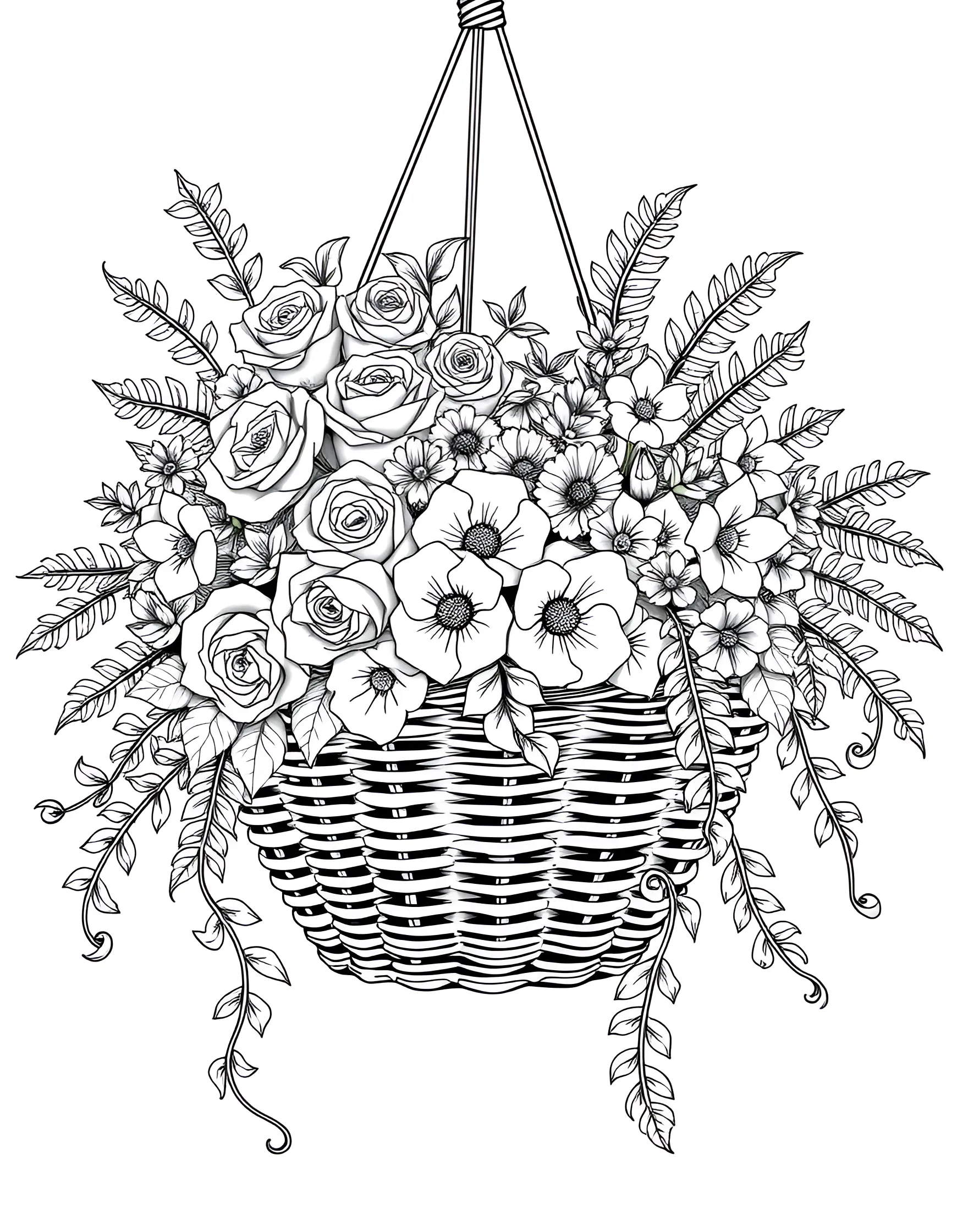 Lush Hanging Basket Coloring Page -- prompt: "A hanging basket overflowing with various flowers and trailing plants." -- Create a cascading masterpiece with this lush hanging basket coloring page. A variety of flowers and trailing plants spill over the edges of a suspended basket. This page is ideal for those who enjoy the challenge of creating depth and movement in their coloring.