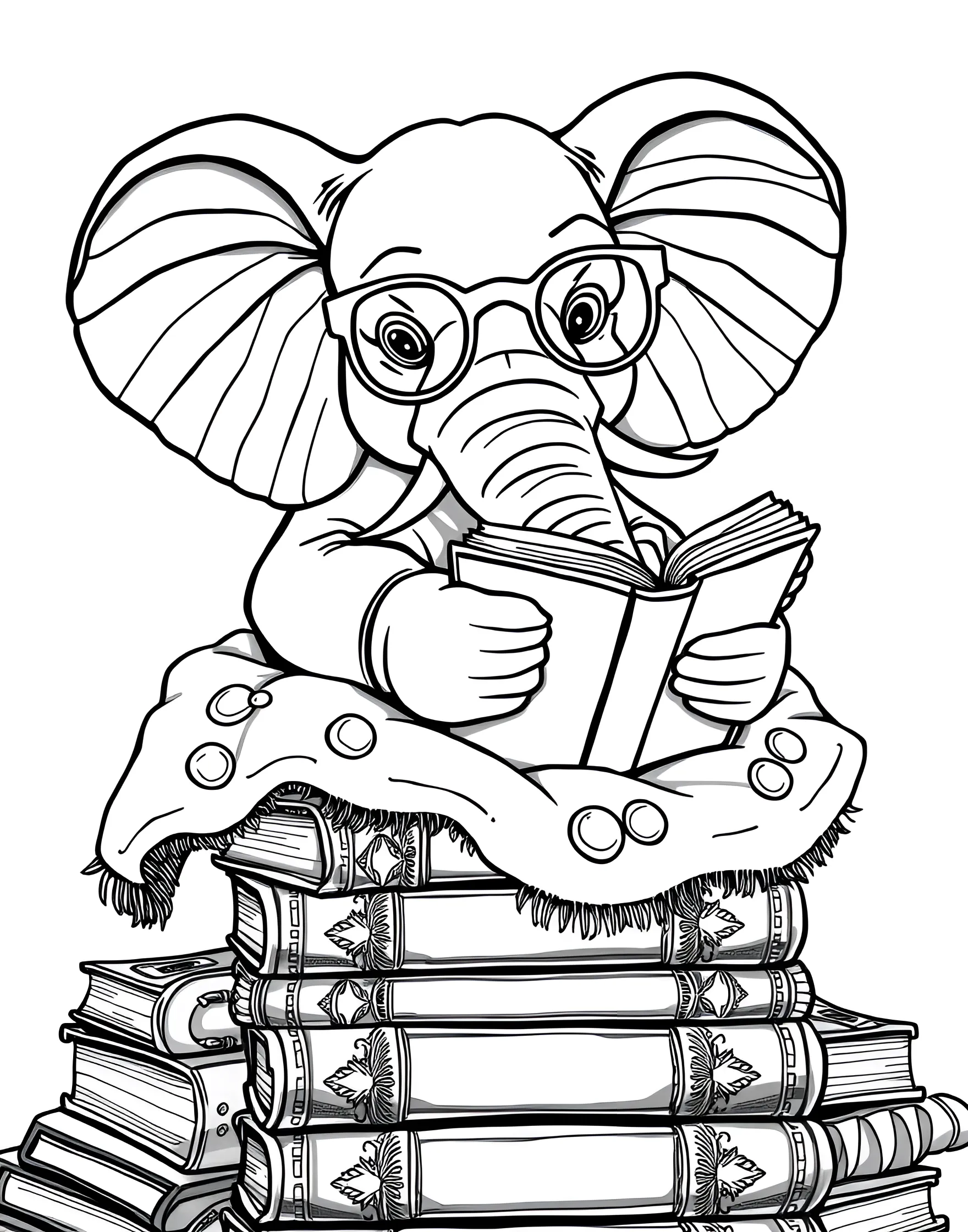 Elephant's Cozy Reading Nook Coloring Page -- prompt: "An elephant wearing glasses, reading a book while nestled in a pile of books and a blanket." -- Bookworms will adore this endearing coloring page featuring an elephant curled up with a good book. Wearing adorable reading glasses, the elephant is surrounded by stacks of books and a cozy blanket. It's a perfect page for promoting the joy of reading and learning.