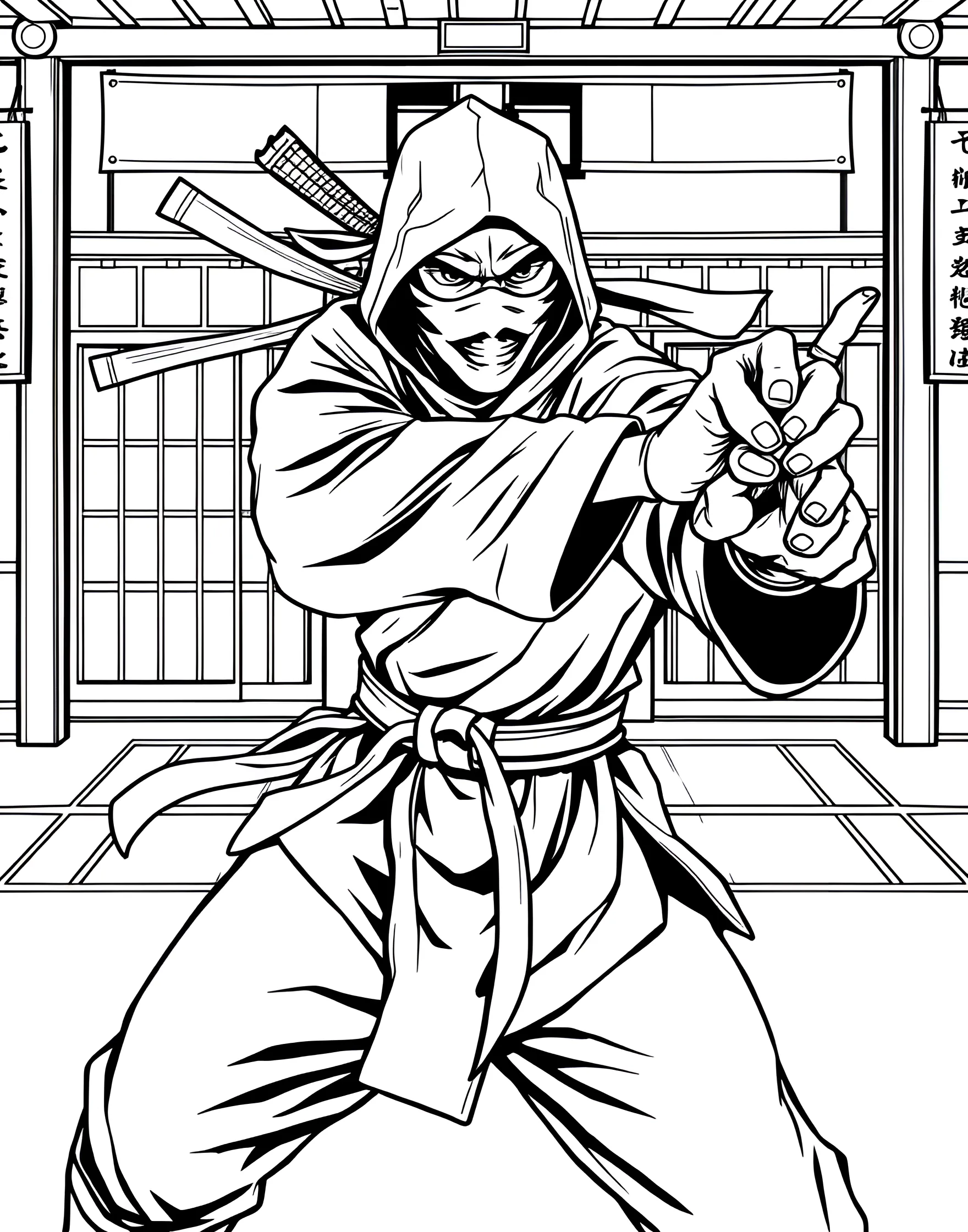 Ninja Warrior Training Coloring Page -- prompt: "A ninja practicing martial arts moves in a traditional dojo setting." -- Step into the world of martial arts with this ninja warrior training coloring page. A skilled ninja practices his moves in a traditional dojo, surrounded by training equipment. This page offers boys a chance to explore ancient traditions and physical discipline through coloring.