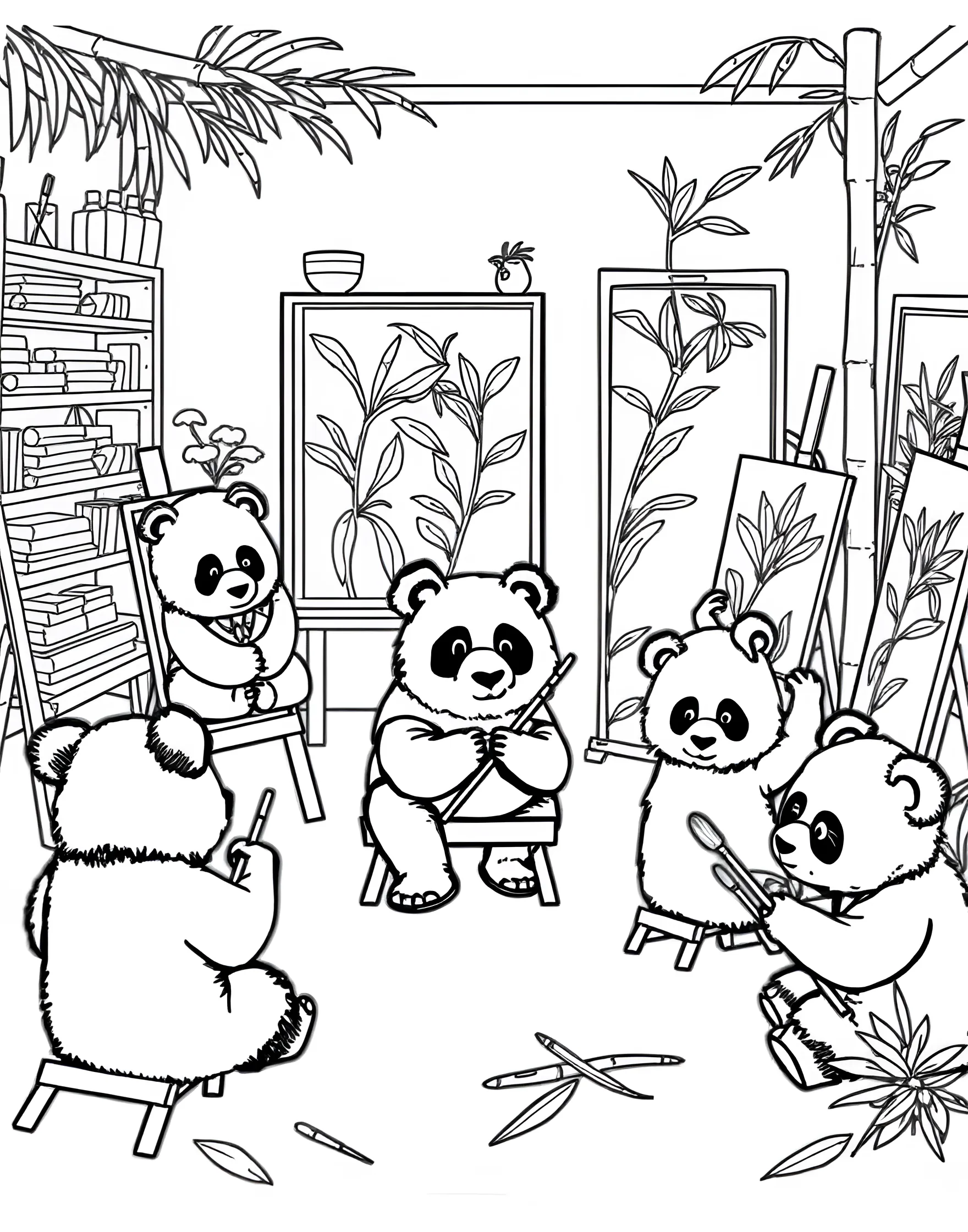 Panda's Bamboo Painting Class Coloring Page -- prompt: "Pandas in an art class painting with bamboo brushes on leaf canvases, led by a panda teacher." -- Unleash your inner artist with pandas in this creative coloring page. Pandas attend a painting class, using bamboo brushes to create masterpieces on canvases made of large leaves. An instructor panda demonstrates techniques, painting a beautiful bamboo landscape.