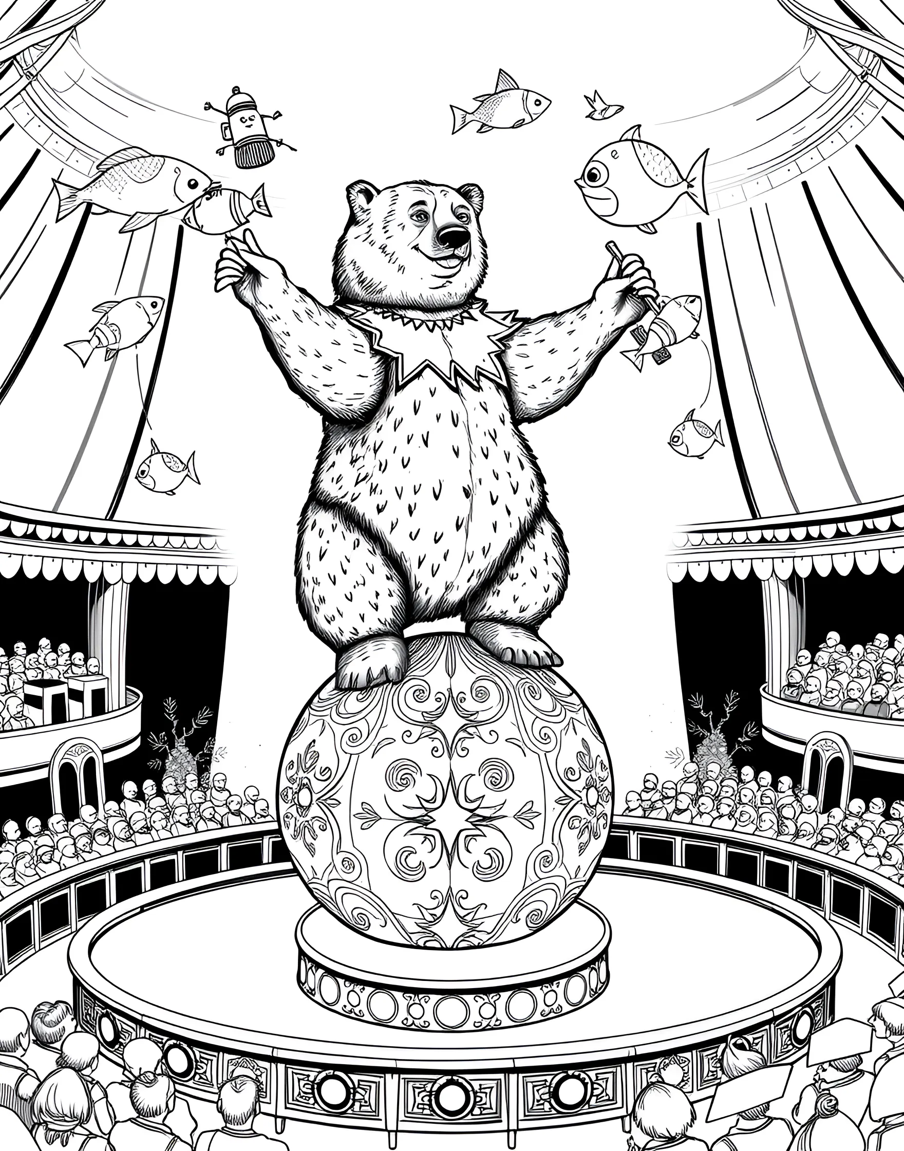 Circus Bear Balancing Act Coloring Page -- prompt: "A bear balancing on a large ball and juggling objects in a circus ring." -- Step right up to this circus-themed bear coloring page! The bear is shown performing a daring balancing act, standing on a large ball while juggling colorful objects. This entertaining scene is perfect for discussions about the history of circus animals and the importance of ethical animal treatment.