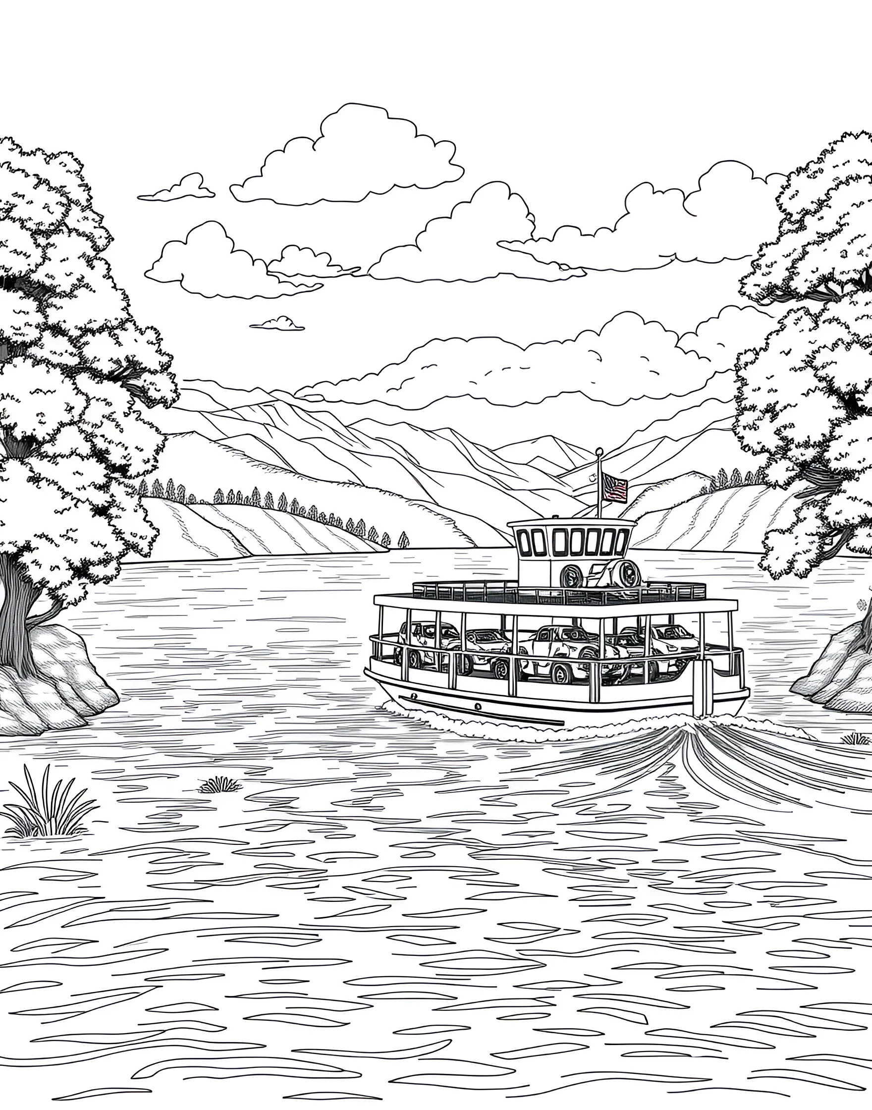 Car Ferry Crossing a River Coloring Page -- prompt: "A car ferry loaded with vehicles crossing a wide river with trees on the shoreline." -- Embark on a unique journey with this interesting coloring page showing cars on a river ferry. The large ferry boat is laden with various vehicles, crossing a wide river with scenic shores on either side. It's a great choice for kids who love boats as much as they love cars.