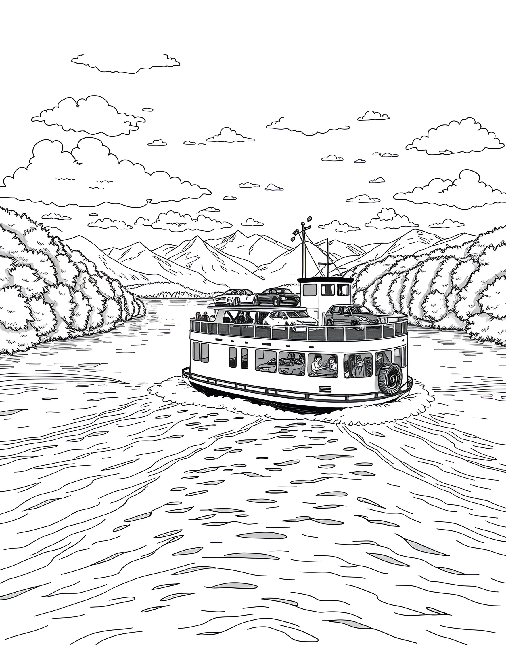 Car Ferry Crossing a River Coloring Page -- prompt: "A car ferry loaded with vehicles crossing a wide river with trees on the shoreline." -- Embark on a unique journey with this interesting coloring page showing cars on a river ferry. The large ferry boat is laden with various vehicles, crossing a wide river with scenic shores on either side. It's a great choice for kids who love boats as much as they love cars.