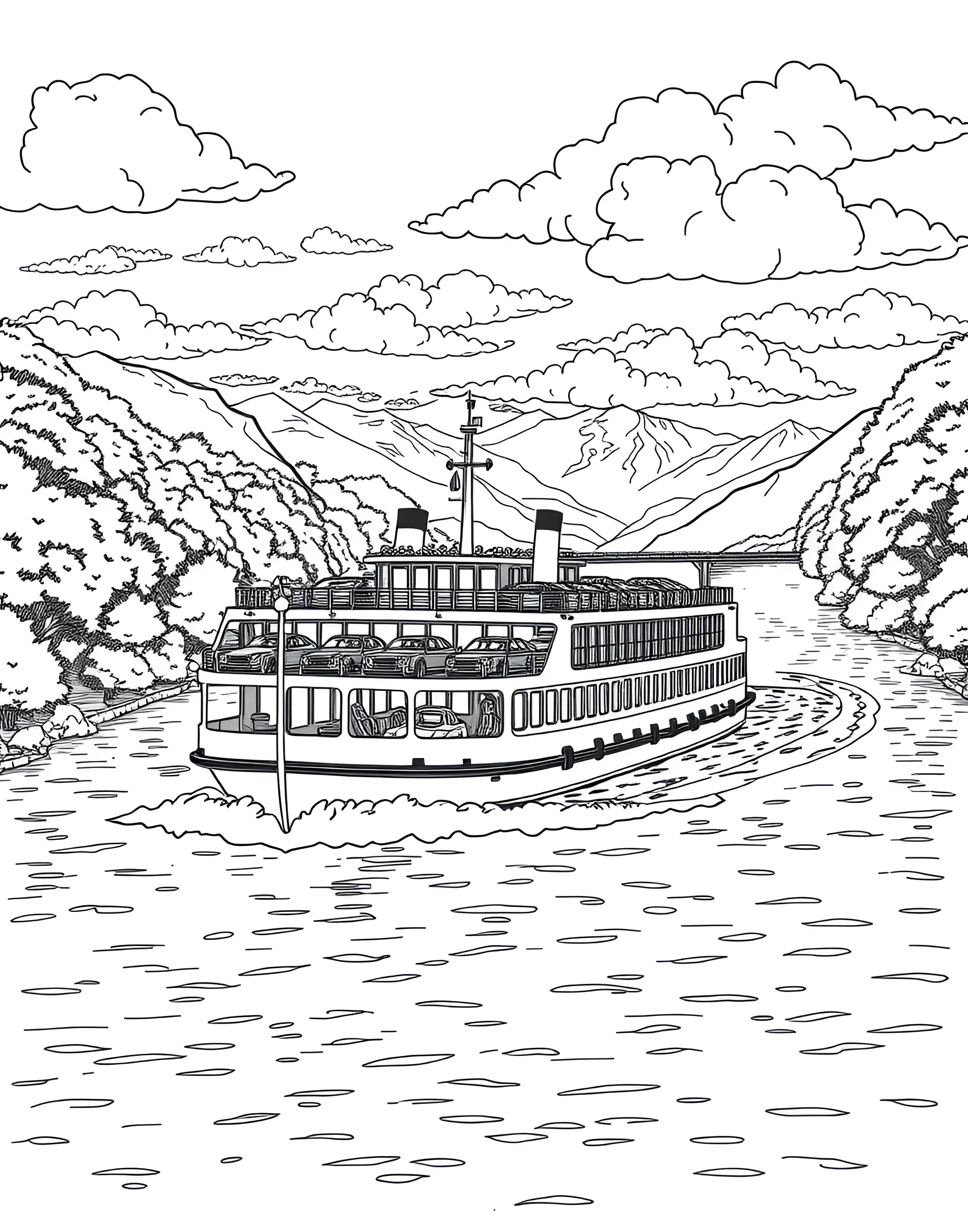 Car Ferry Crossing a River Coloring Page -- prompt: "A car ferry loaded with vehicles crossing a wide river with trees on the shoreline." -- Embark on a unique journey with this interesting coloring page showing cars on a river ferry. The large ferry boat is laden with various vehicles, crossing a wide river with scenic shores on either side. It's a great choice for kids who love boats as much as they love cars.