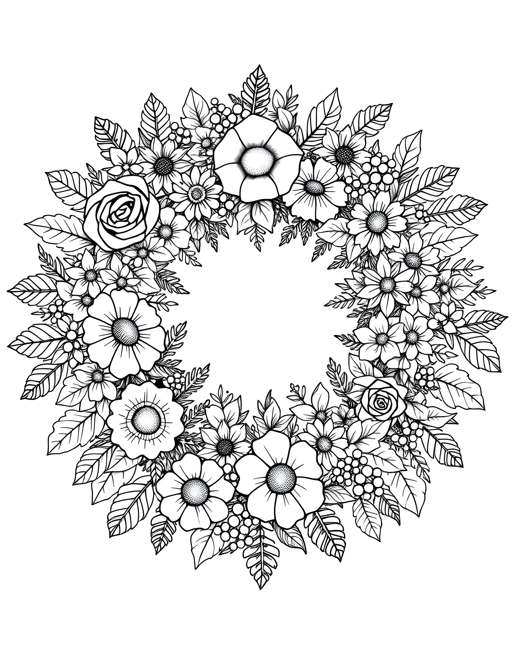 Elegant Floral Wreath Coloring Page -- prompt: "A circular wreath composed of various flowers, leaves, and berries in a symmetrical arrangement." -- Create a beautiful decoration with this elegant floral wreath coloring page. A circular arrangement of various flowers and leaves offers a classic and versatile design. This page is perfect for those who enjoy symmetry and the timeless appeal of wreath designs.