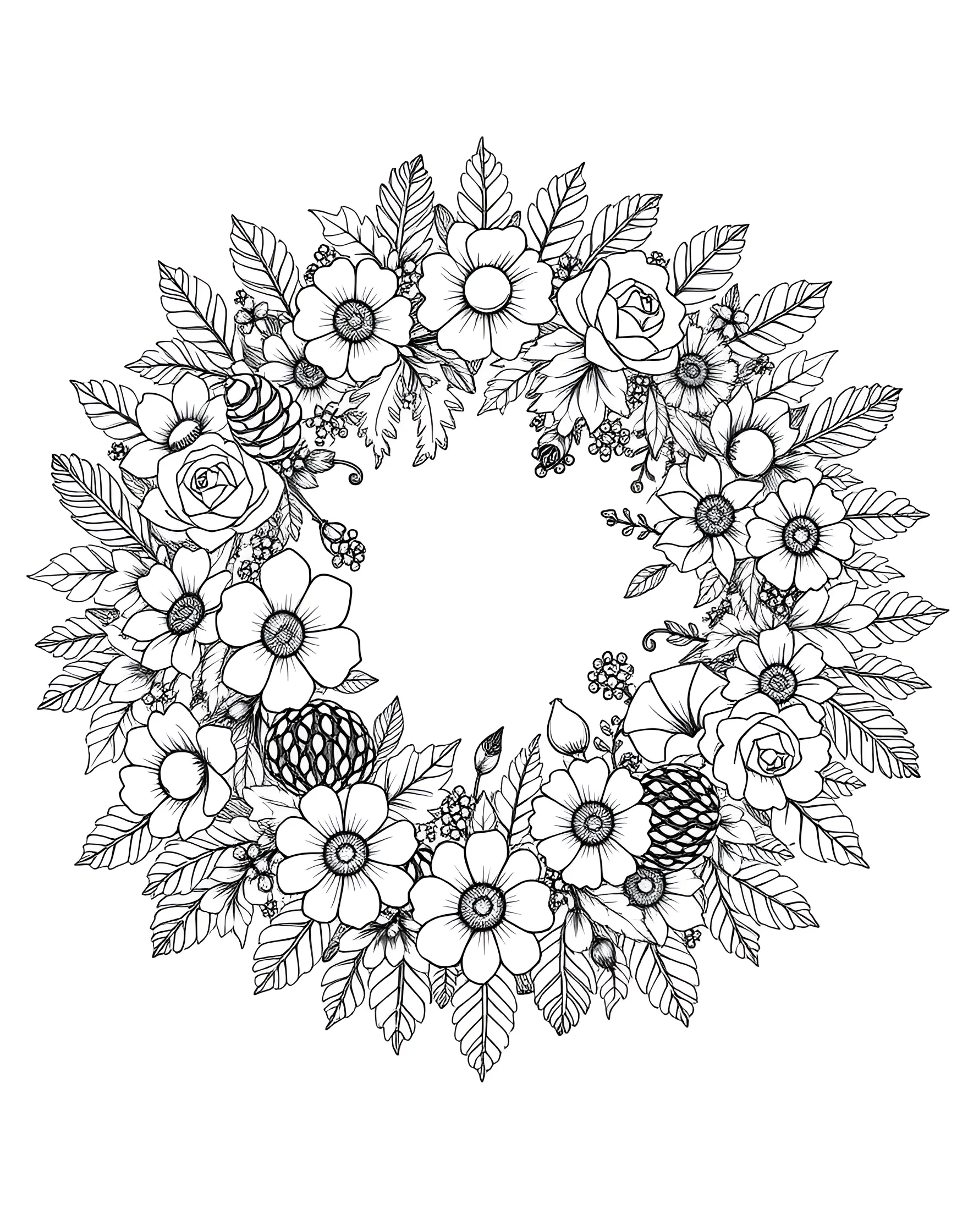 Elegant Floral Wreath Coloring Page -- prompt: "A circular wreath composed of various flowers, leaves, and berries in a symmetrical arrangement." -- Create a beautiful decoration with this elegant floral wreath coloring page. A circular arrangement of various flowers and leaves offers a classic and versatile design. This page is perfect for those who enjoy symmetry and the timeless appeal of wreath designs.