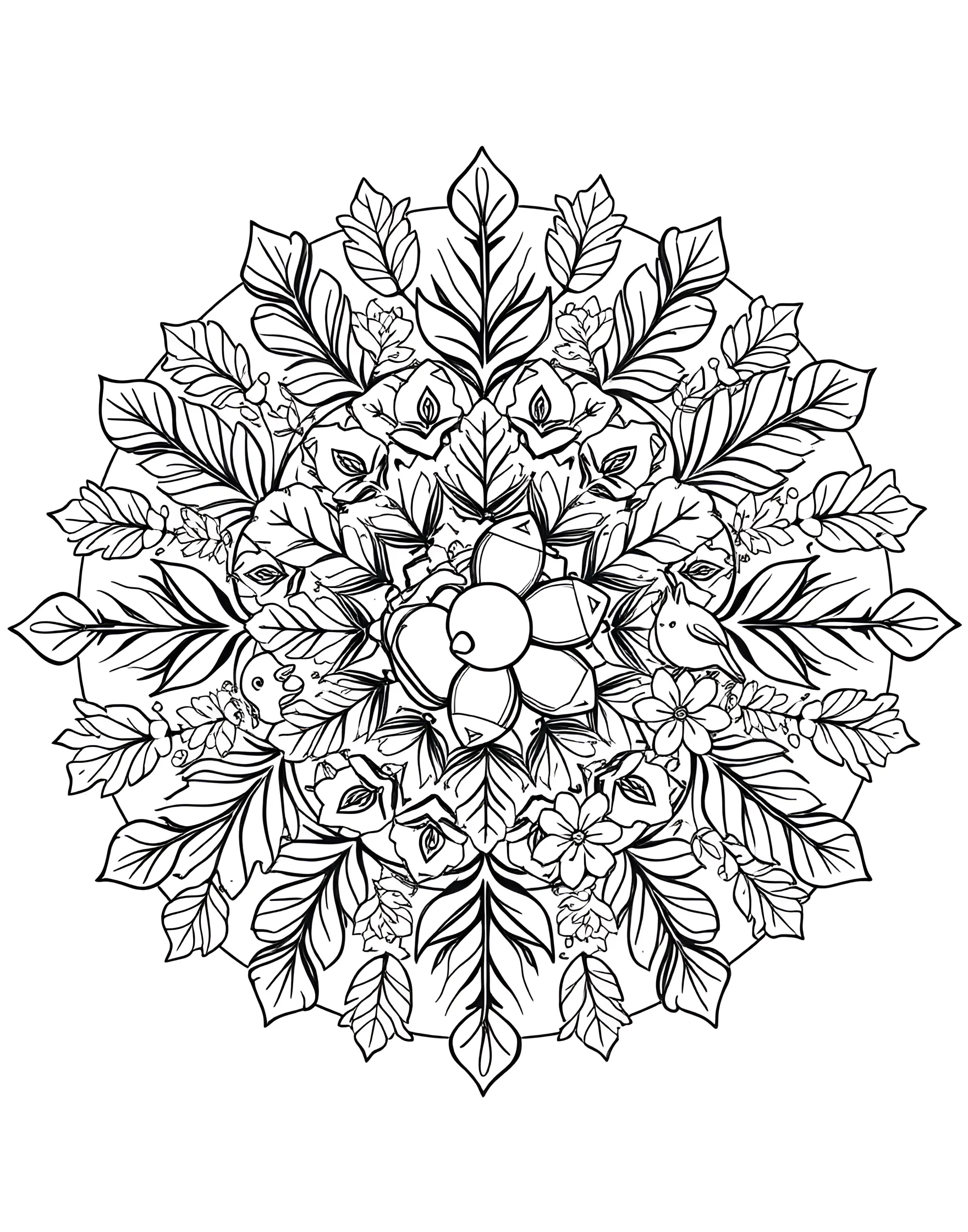 Enchanted Forest Mandala Coloring Page -- prompt: "A circular mandala design filled with woodland elements like leaves, flowers, and small forest creatures." -- Step into a magical woodland with this nature-inspired mandala. Leaves, flowers, and tiny creatures hide within the intricate circular design. As you color, you'll discover new details and bring this enchanted forest to life with your chosen palette.