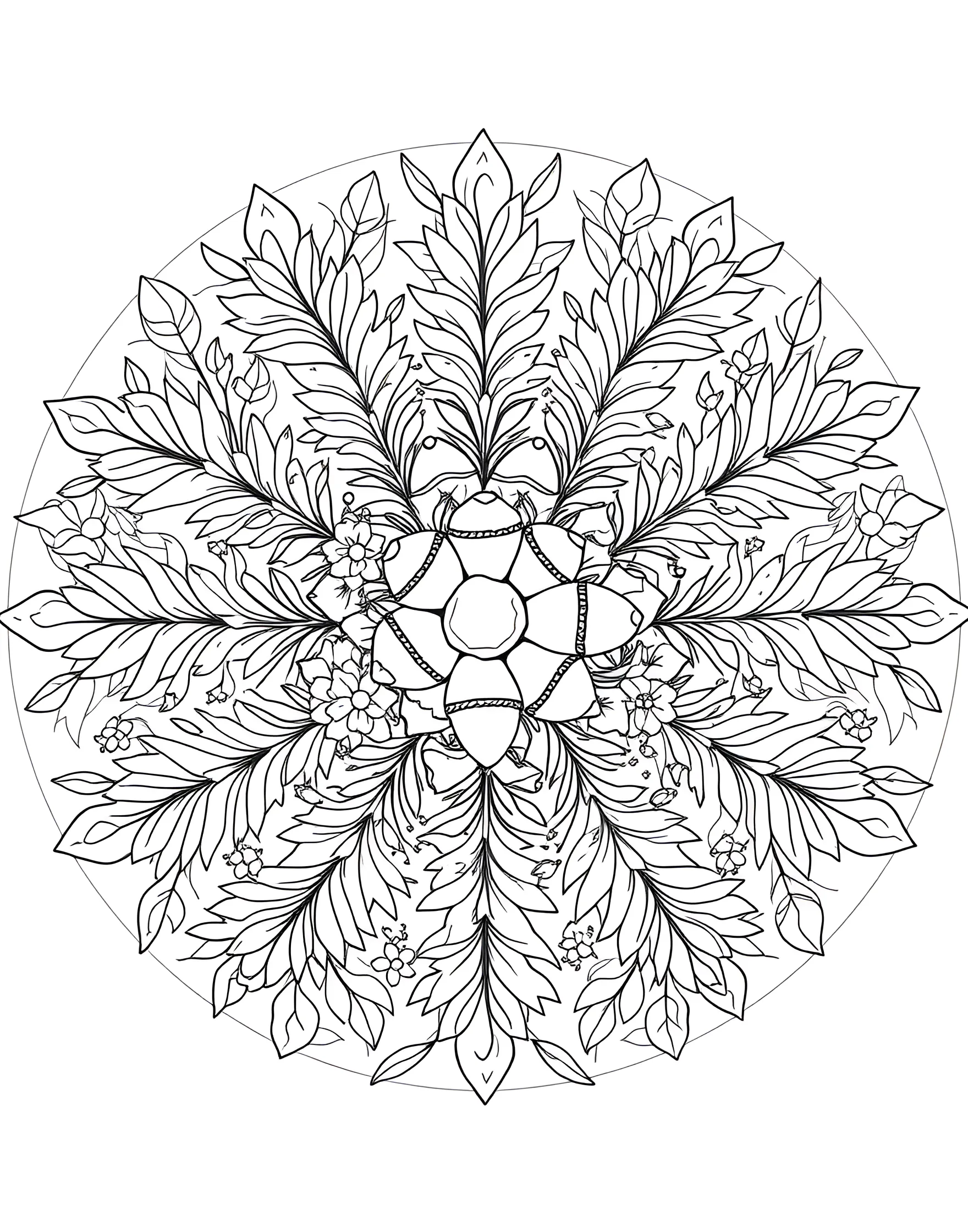 Enchanted Forest Mandala Coloring Page -- prompt: "A circular mandala design filled with woodland elements like leaves, flowers, and small forest creatures." -- Step into a magical woodland with this nature-inspired mandala. Leaves, flowers, and tiny creatures hide within the intricate circular design. As you color, you'll discover new details and bring this enchanted forest to life with your chosen palette.