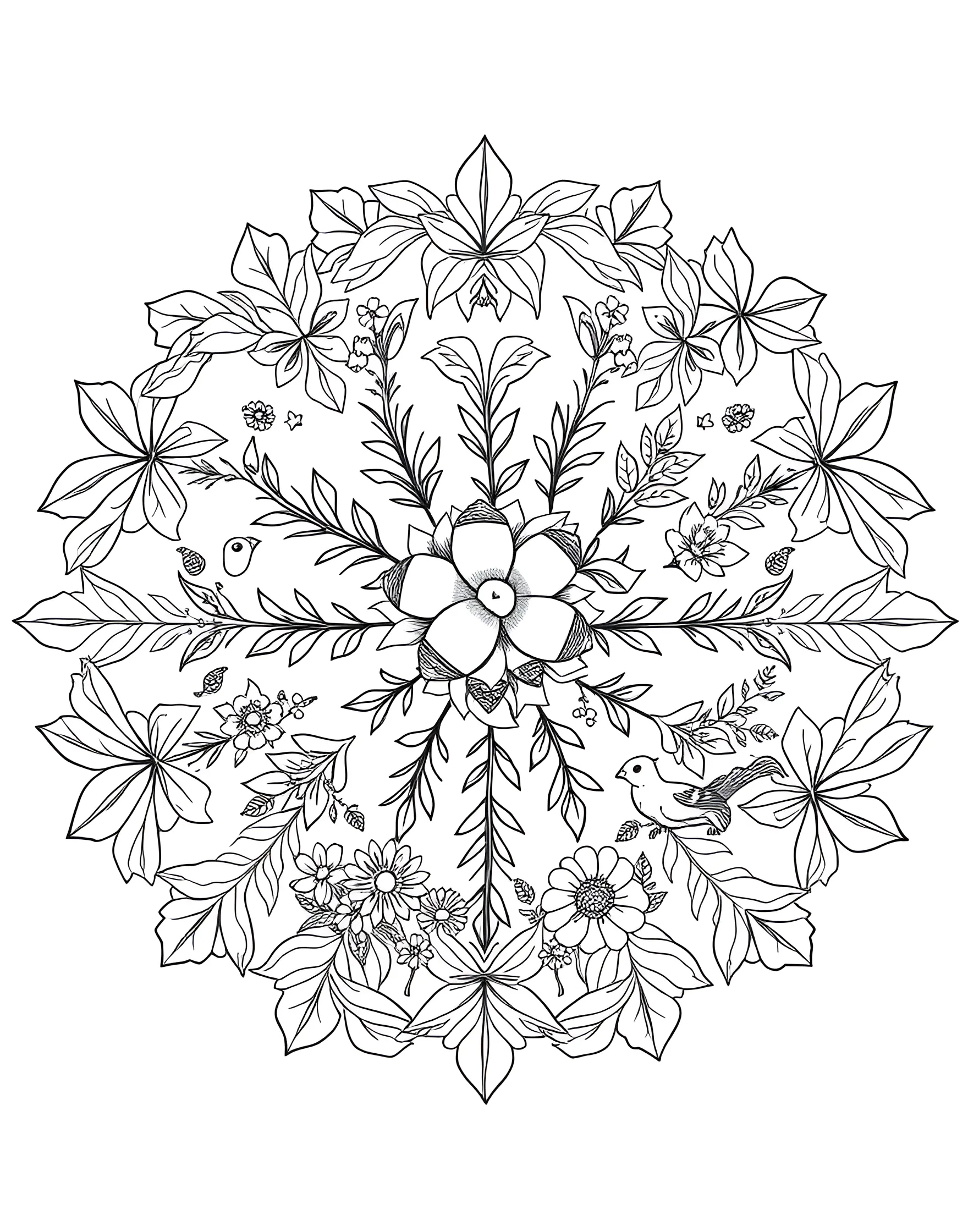 Enchanted Forest Mandala Coloring Page -- prompt: "A circular mandala design filled with woodland elements like leaves, flowers, and small forest creatures." -- Step into a magical woodland with this nature-inspired mandala. Leaves, flowers, and tiny creatures hide within the intricate circular design. As you color, you'll discover new details and bring this enchanted forest to life with your chosen palette.