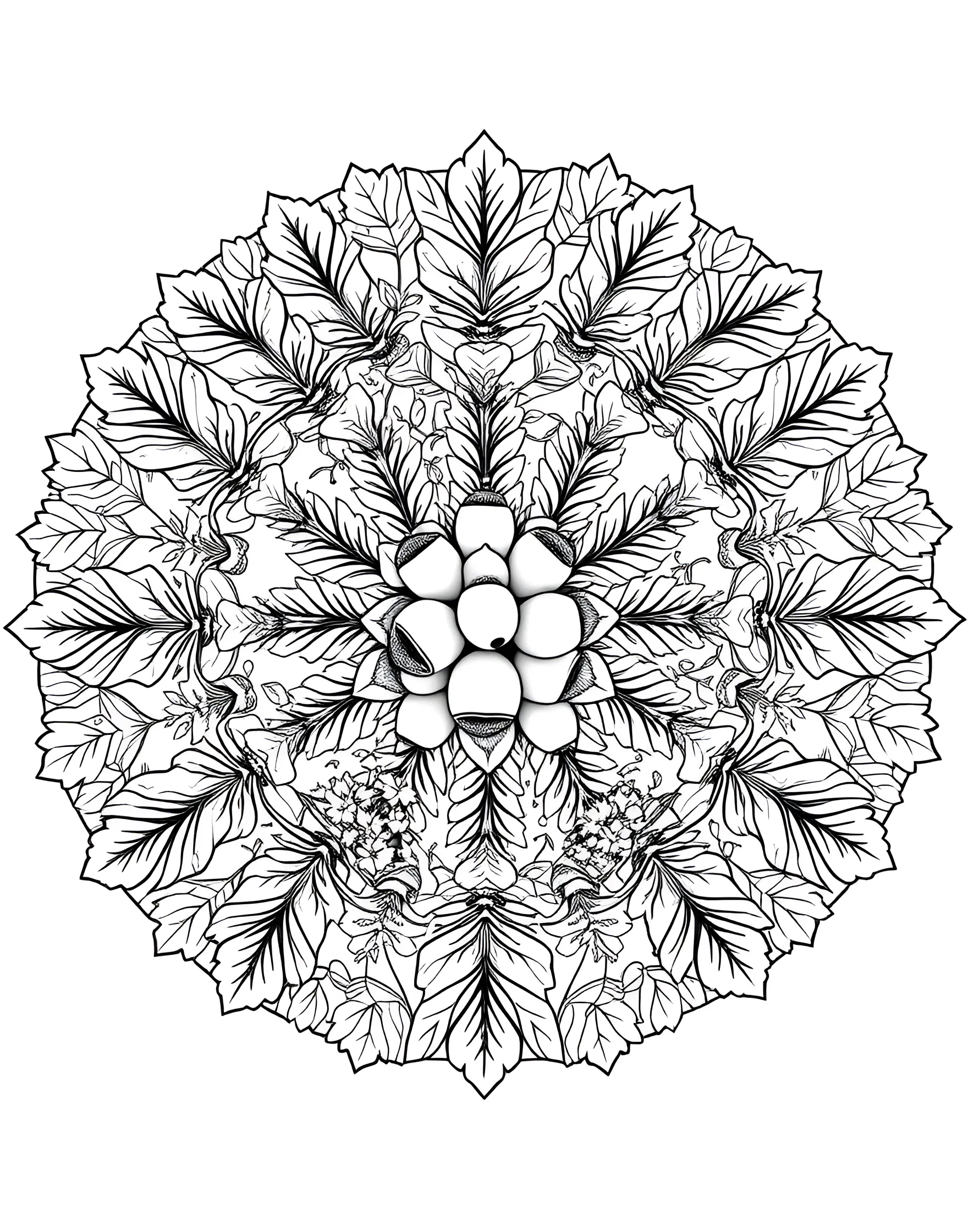 Enchanted Forest Mandala Coloring Page -- prompt: "A circular mandala design filled with woodland elements like leaves, flowers, and small forest creatures." -- Step into a magical woodland with this nature-inspired mandala. Leaves, flowers, and tiny creatures hide within the intricate circular design. As you color, you'll discover new details and bring this enchanted forest to life with your chosen palette.