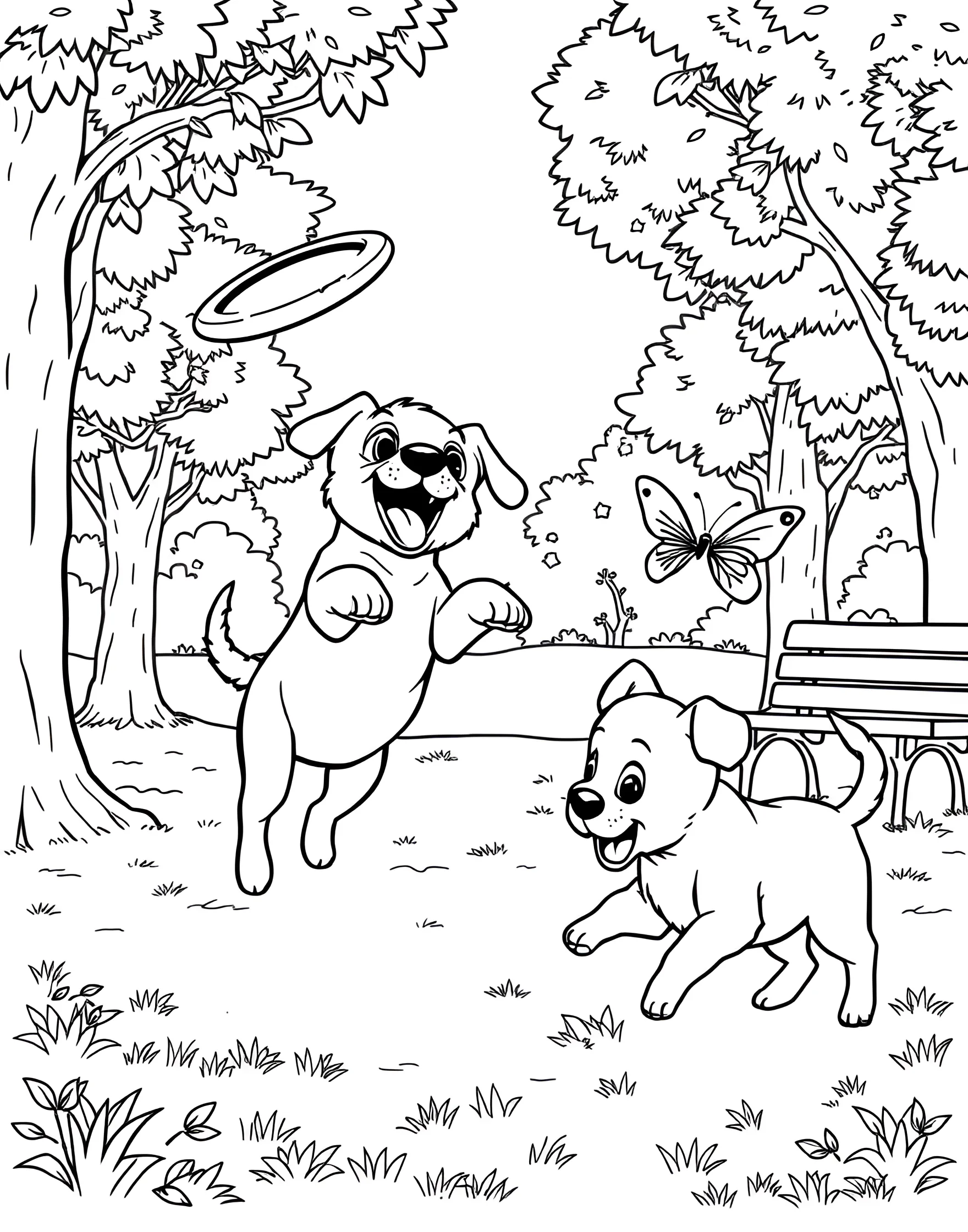 Playful Puppies in the Park Coloring Page -- prompt: "Two puppies playing in a park, one jumping for a frisbee and another chasing a butterfly." -- This lively coloring page showcases two energetic puppies frolicking in a park. One puppy is leaping to catch a frisbee, while the other is chasing a butterfly. The scene is full of movement and joy, perfect for adding vibrant colors to bring the puppies' playtime to life.