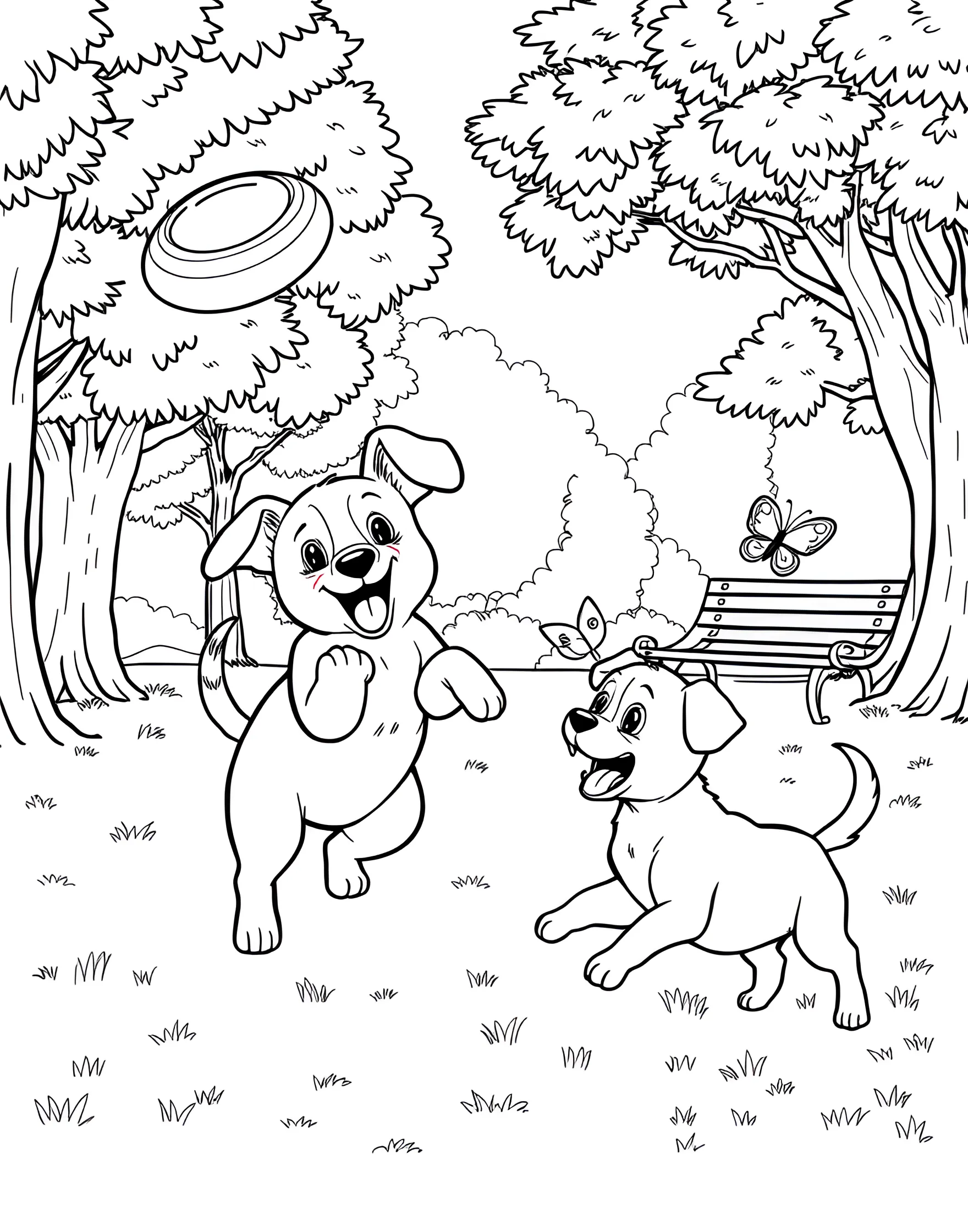 Playful Puppies in the Park Coloring Page -- prompt: "Two puppies playing in a park, one jumping for a frisbee and another chasing a butterfly." -- This lively coloring page showcases two energetic puppies frolicking in a park. One puppy is leaping to catch a frisbee, while the other is chasing a butterfly. The scene is full of movement and joy, perfect for adding vibrant colors to bring the puppies' playtime to life.