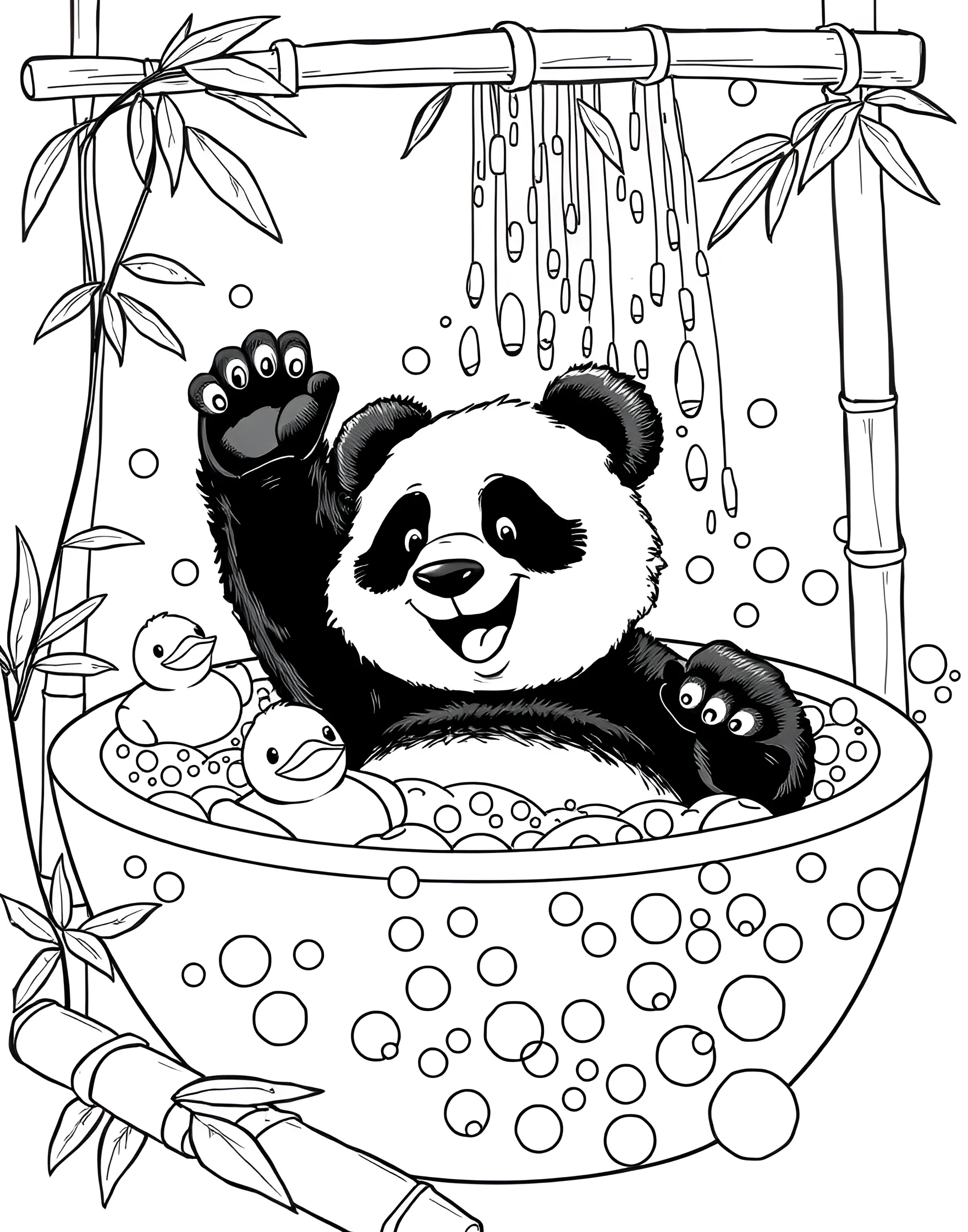 Panda's Bubble Bath Fun Coloring Page -- prompt: "A panda taking a bubble bath in a bamboo bathtub with leaf rubber ducks and a bamboo shower." -- Dive into bath time fun with this adorable panda coloring page. A joyful panda sits in a bathtub made from a hollowed bamboo stalk, surrounded by bubbles and rubber ducky-shaped leaves. A shower of water from a bamboo spout adds to the playful bathtime scene.