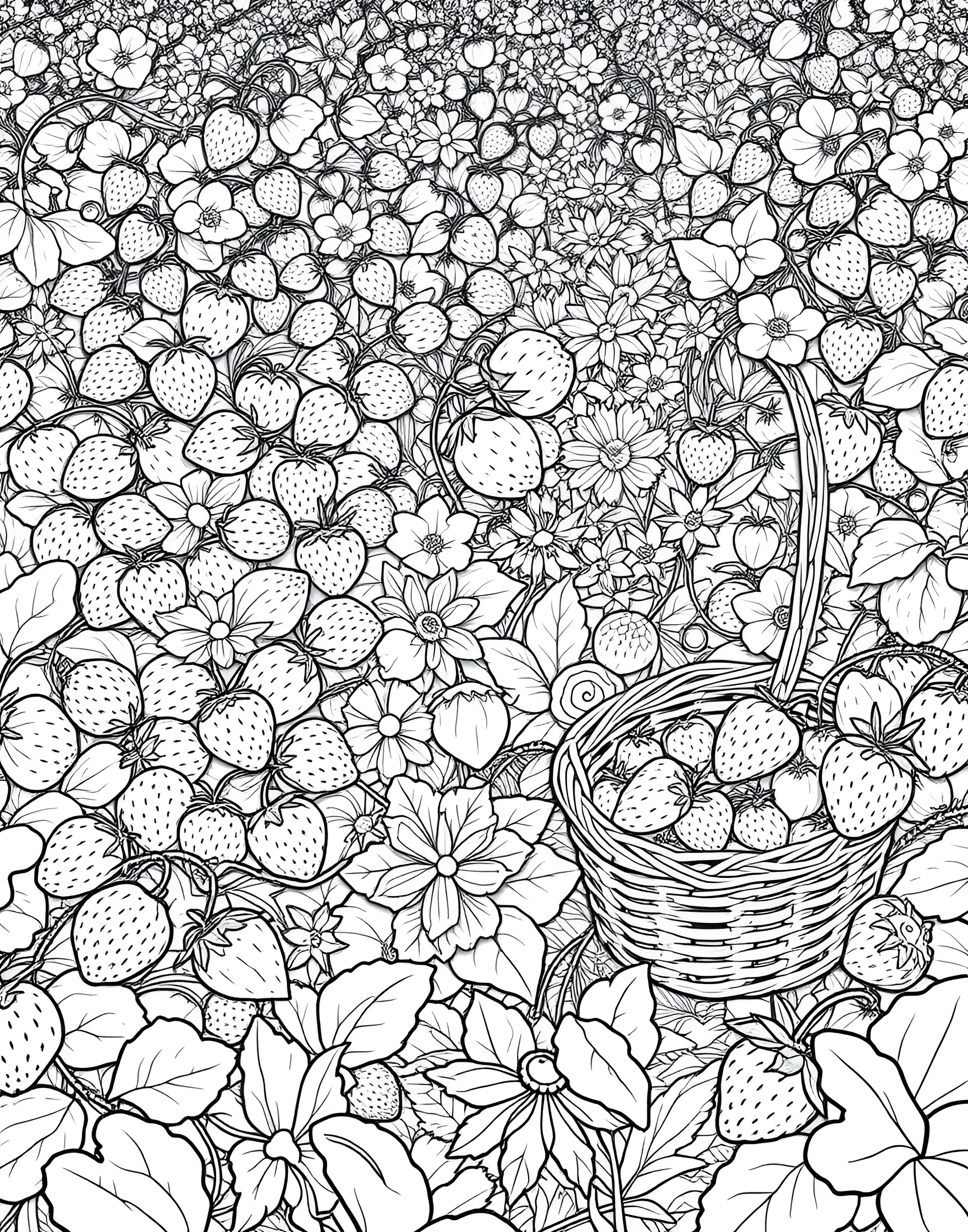 Strawberry Fields Forever Coloring Page -- prompt: "A strawberry field with ripe strawberries, flowers, and a picking basket." -- Transport yourself to a sweet strawberry patch with this delightful coloring page. Plump, heart-shaped strawberries dot the landscape, their leaves and flowers adding a touch of greenery. A charming woven basket sits nearby, ready to collect the ripe berries.