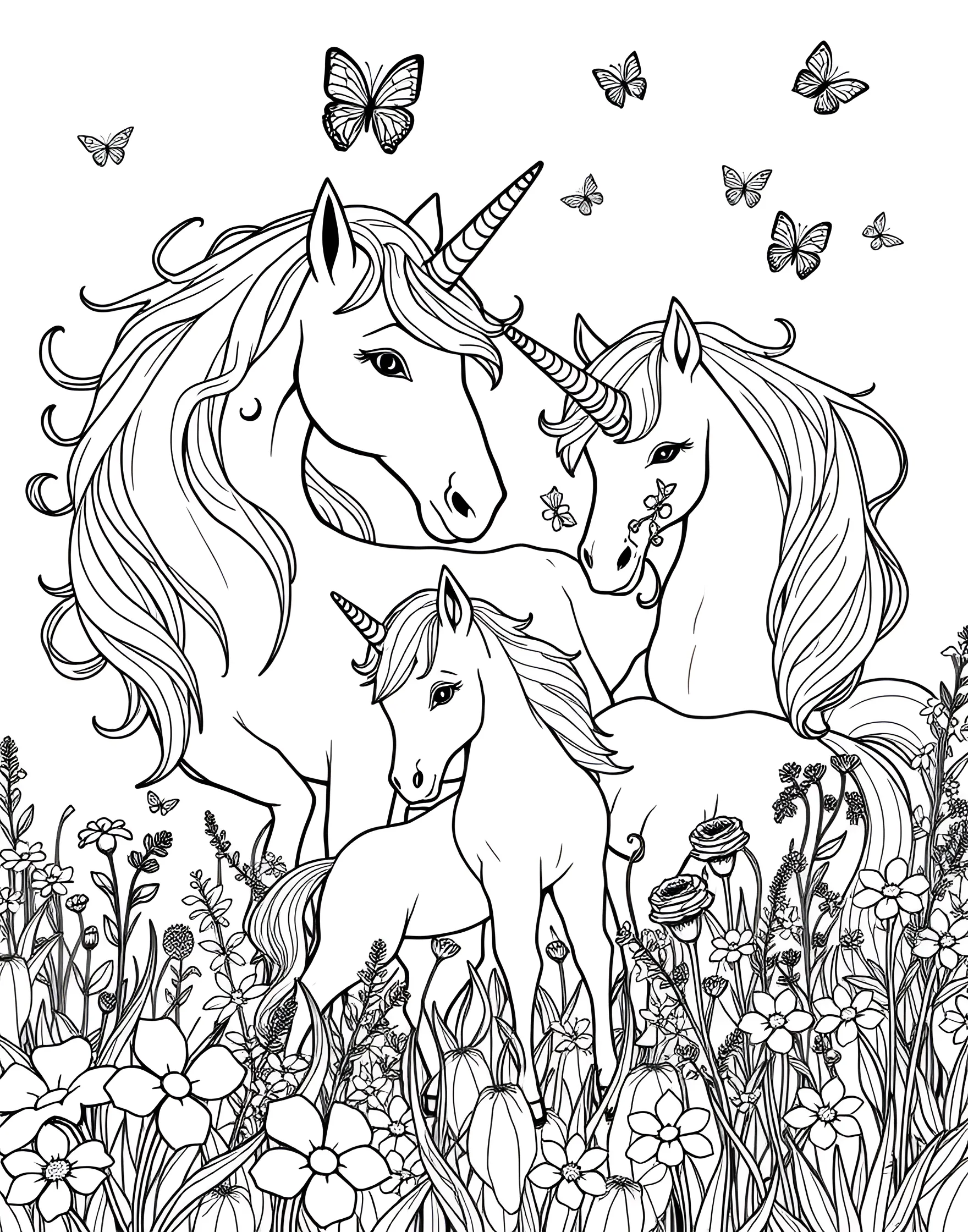 Unicorn Family Coloring Page -- prompt: "A family of unicorns, including parents and foals, standing together in a meadow." -- Celebrate the bonds of family with this heartwarming unicorn family coloring sheet. The page features a group of unicorns – parents and foals – in a loving scene. It's a perfect choice for those who enjoy coloring scenes that depict relationships and emotions.