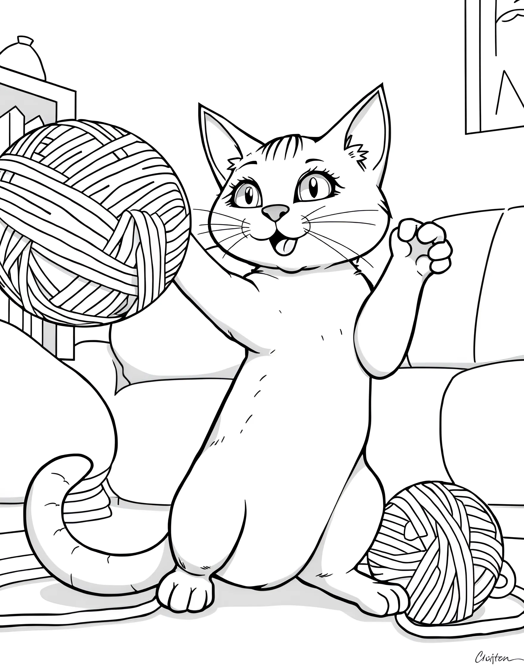 Playful Cat with Yarn Ball Coloring Page -- prompt: "A cat playing with a large ball of yarn, its paws reaching out to catch it." -- This lively coloring page depicts a cat in mid-play with a ball of yarn. The cat's dynamic pose, with paws outstretched and tail curled, captures the joy of playtime. It's a fantastic opportunity to bring movement and energy to your coloring.