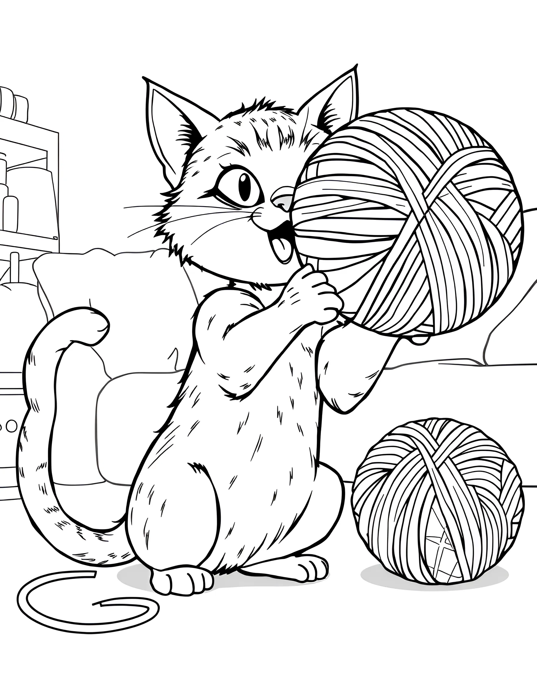 Playful Cat with Yarn Ball Coloring Page -- prompt: "A cat playing with a large ball of yarn, its paws reaching out to catch it." -- This lively coloring page depicts a cat in mid-play with a ball of yarn. The cat's dynamic pose, with paws outstretched and tail curled, captures the joy of playtime. It's a fantastic opportunity to bring movement and energy to your coloring.