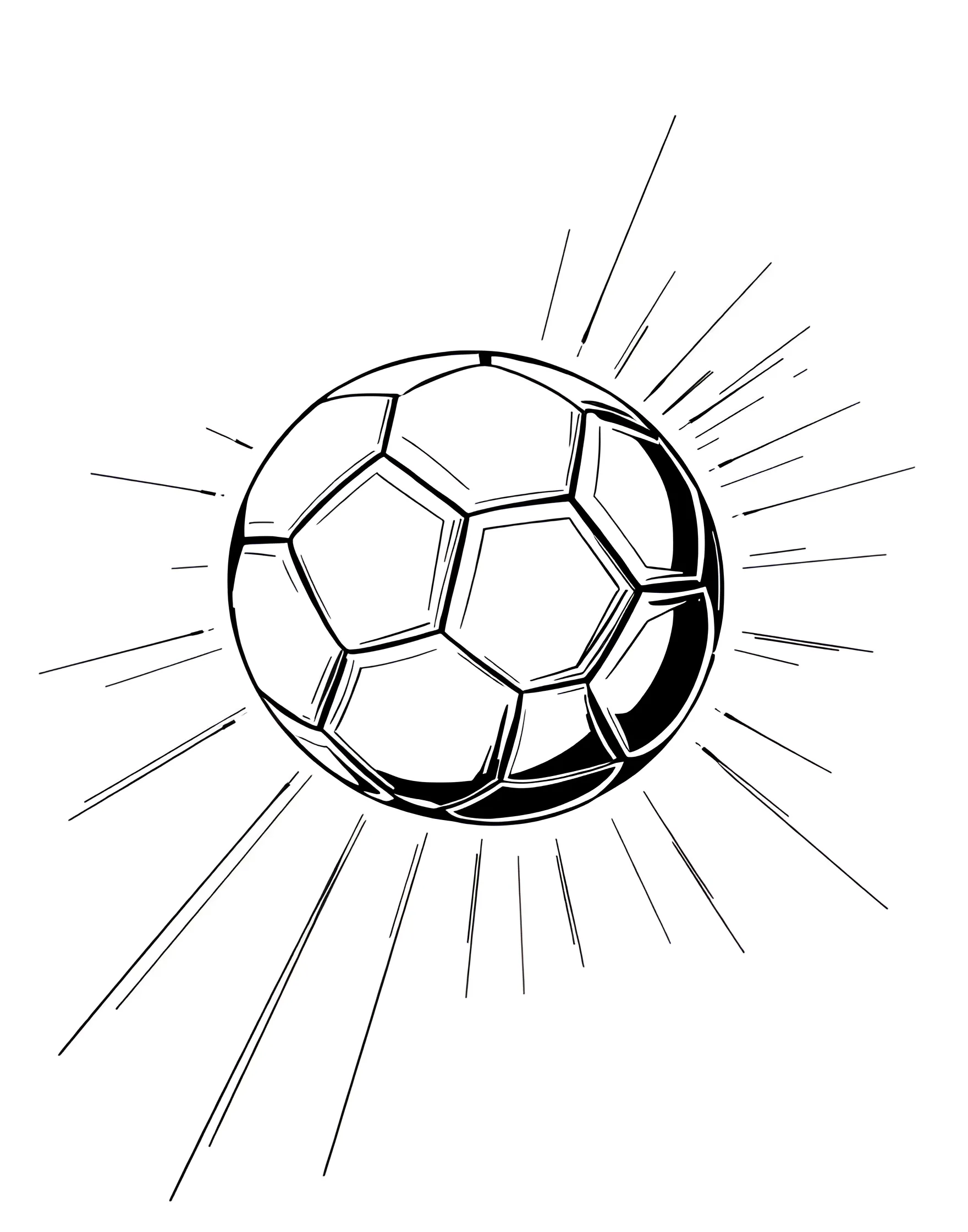 Soccer Ball in Flight Coloring Page -- prompt: "A close-up of a soccer ball flying through the air with motion lines behind it." -- This dynamic coloring page showcases a soccer ball soaring through the air. The ball is depicted with its classic pentagonal pattern, creating an opportunity for intricate coloring. Motion lines behind the ball give a sense of speed and energy to the image.