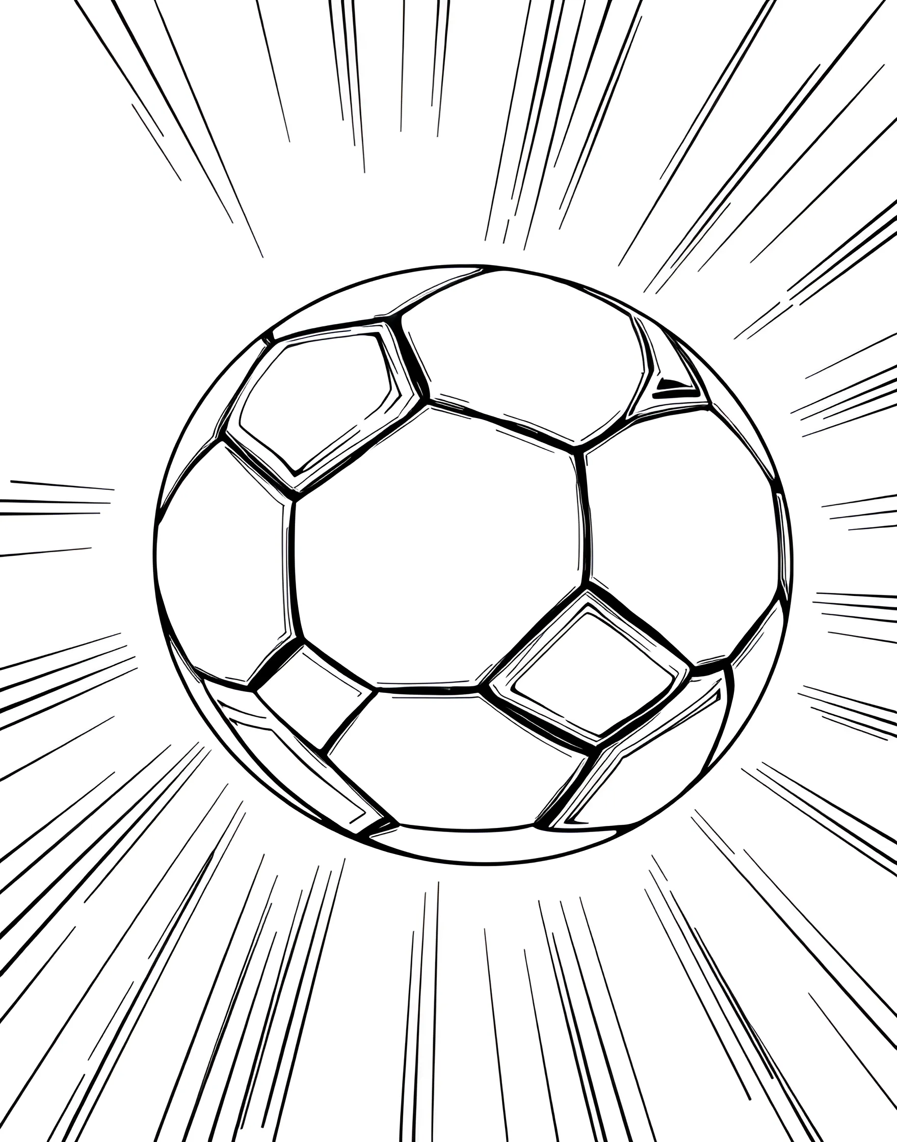 Soccer Ball in Flight Coloring Page -- prompt: "A close-up of a soccer ball flying through the air with motion lines behind it." -- This dynamic coloring page showcases a soccer ball soaring through the air. The ball is depicted with its classic pentagonal pattern, creating an opportunity for intricate coloring. Motion lines behind the ball give a sense of speed and energy to the image.