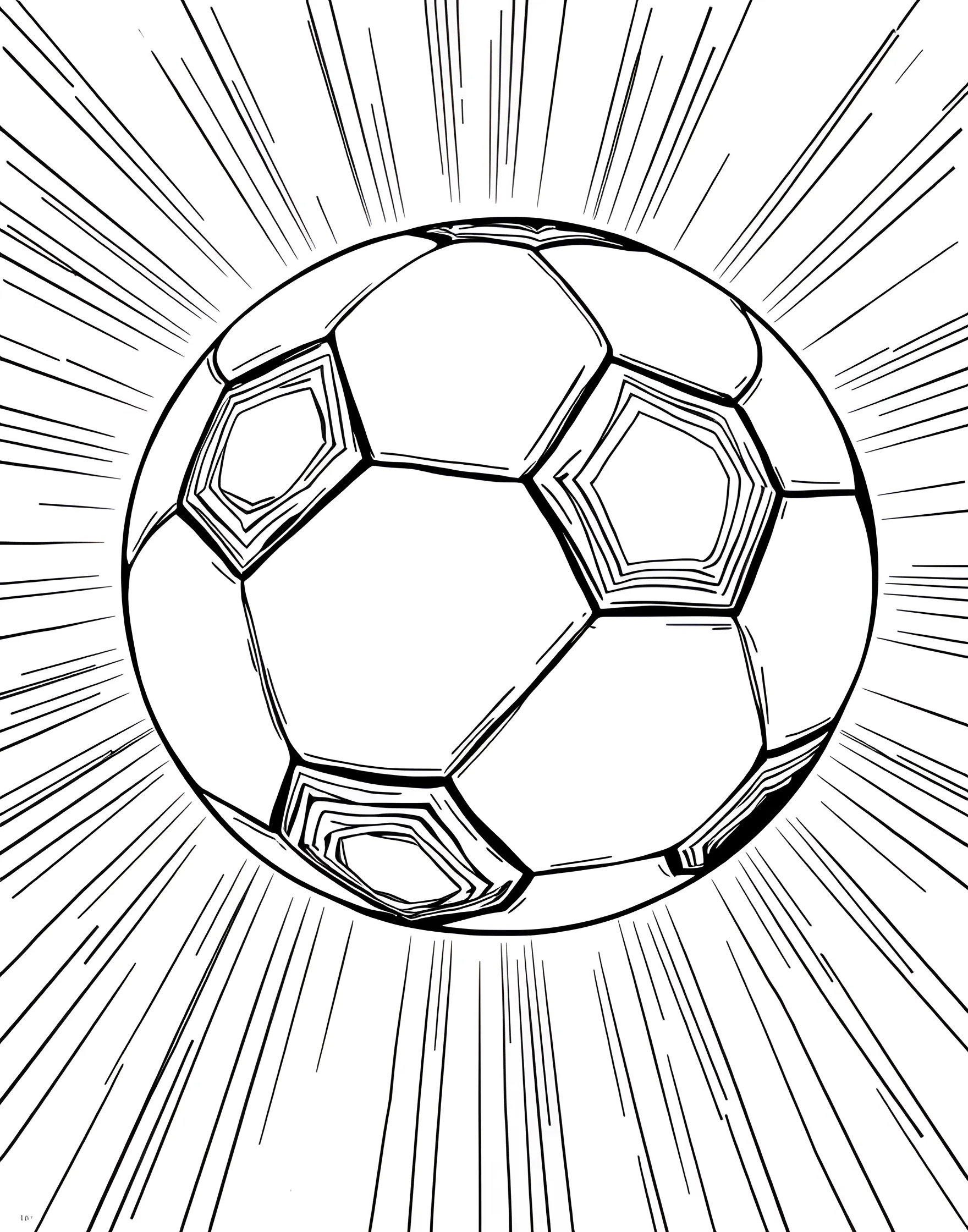 Soccer Ball in Flight Coloring Page -- prompt: "A close-up of a soccer ball flying through the air with motion lines behind it." -- This dynamic coloring page showcases a soccer ball soaring through the air. The ball is depicted with its classic pentagonal pattern, creating an opportunity for intricate coloring. Motion lines behind the ball give a sense of speed and energy to the image.