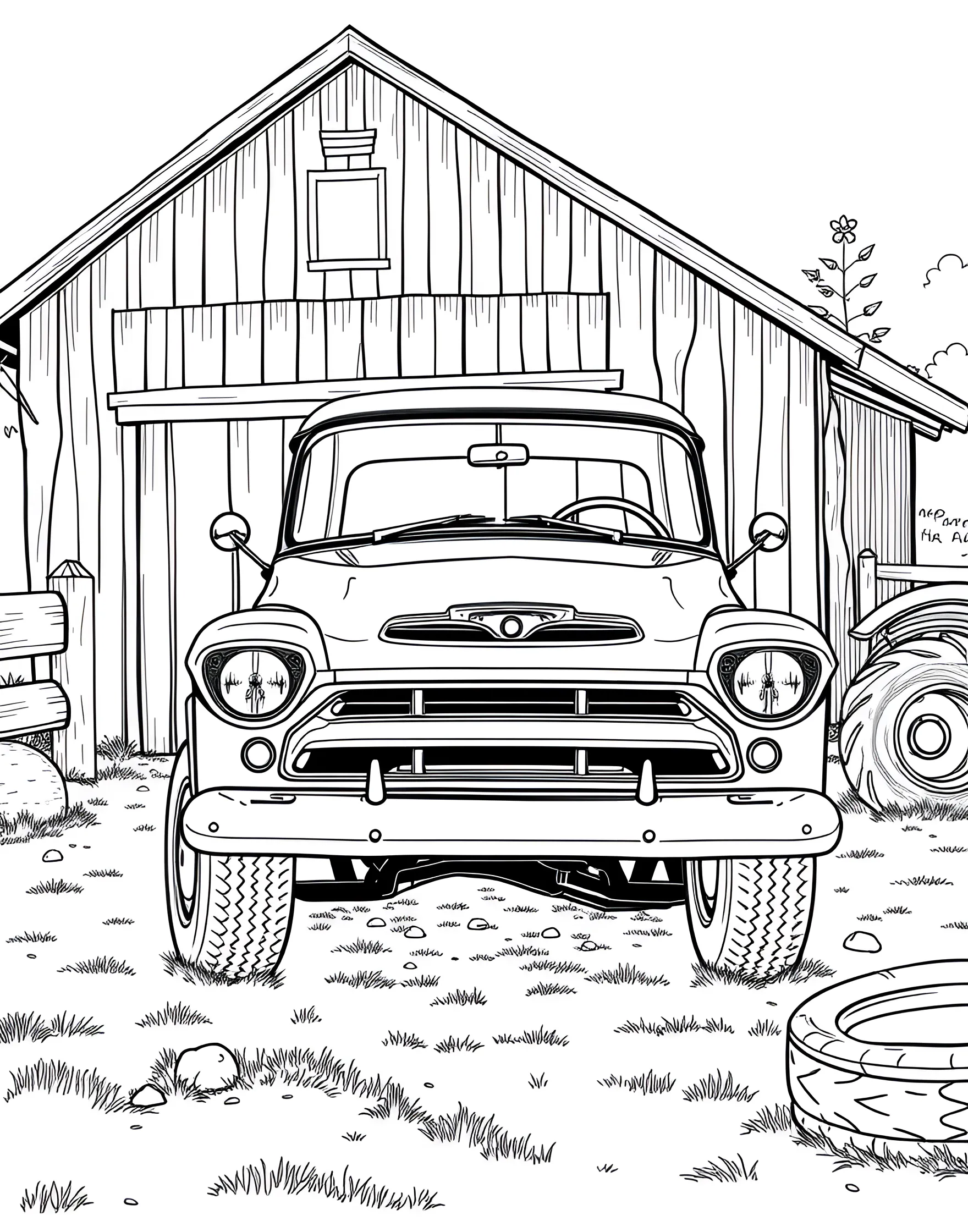 Vintage Pickup Truck Coloring Page -- prompt: "A 1950s-style pickup truck parked in front of an old barn." -- Take a trip down memory lane with this Vintage Pickup Truck coloring page! The classic truck design features rounded fenders, a spacious bed, and charming retro details. Kids can choose traditional colors or let their imagination run wild with a funky, modern twist on this timeless vehicle.