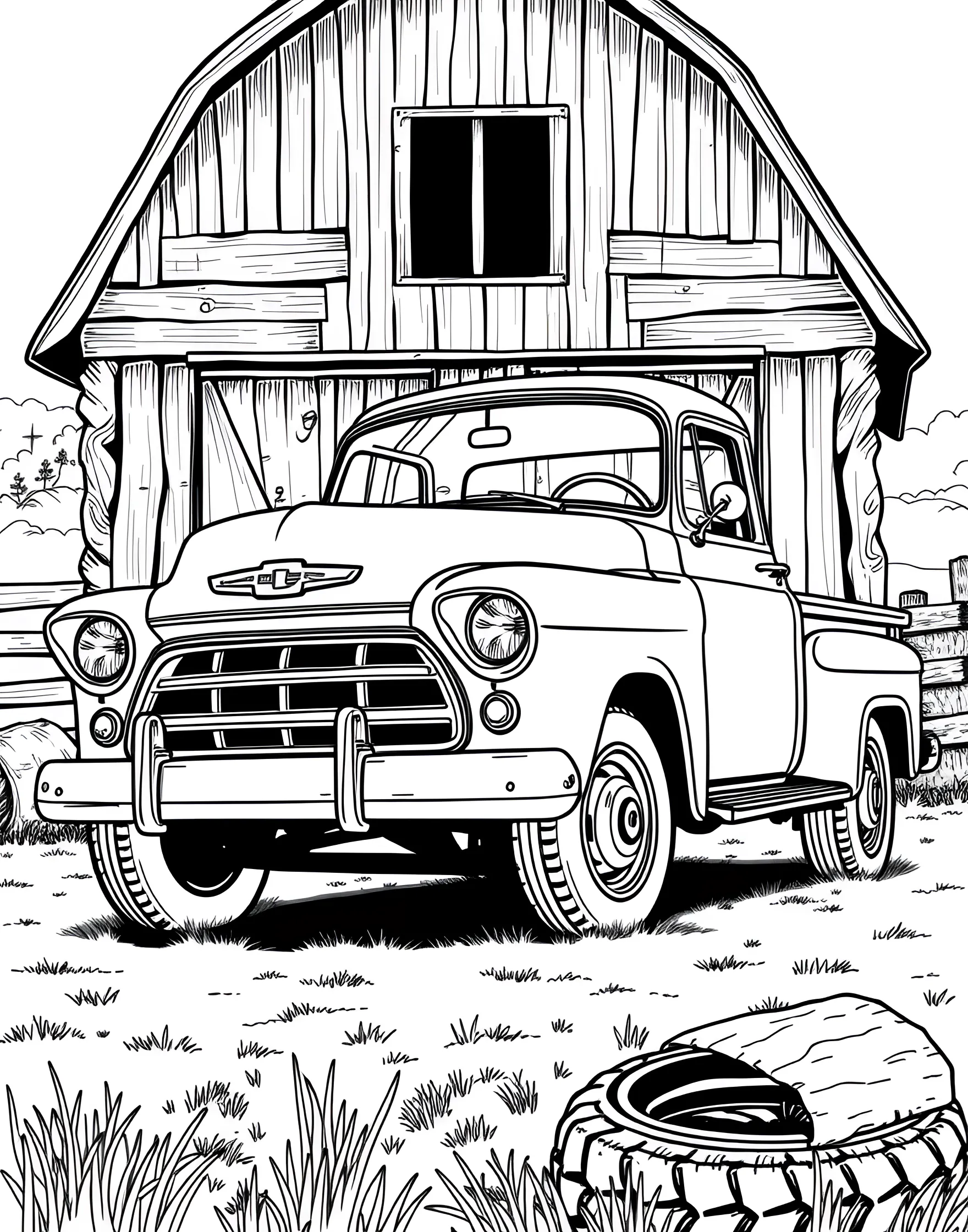 Vintage Pickup Truck Coloring Page -- prompt: "A 1950s-style pickup truck parked in front of an old barn." -- Take a trip down memory lane with this Vintage Pickup Truck coloring page! The classic truck design features rounded fenders, a spacious bed, and charming retro details. Kids can choose traditional colors or let their imagination run wild with a funky, modern twist on this timeless vehicle.