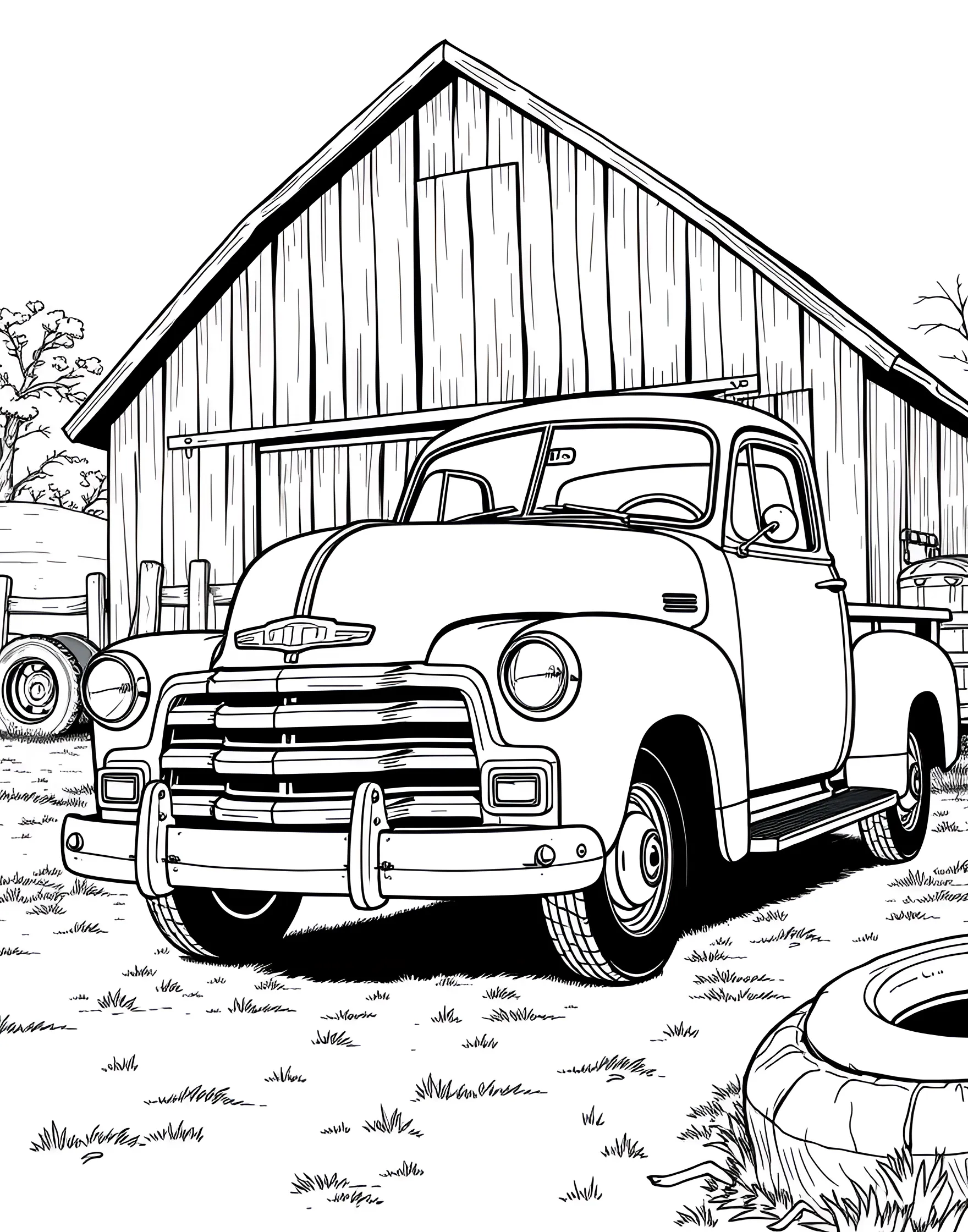 Vintage Pickup Truck Coloring Page -- prompt: "A 1950s-style pickup truck parked in front of an old barn." -- Take a trip down memory lane with this Vintage Pickup Truck coloring page! The classic truck design features rounded fenders, a spacious bed, and charming retro details. Kids can choose traditional colors or let their imagination run wild with a funky, modern twist on this timeless vehicle.