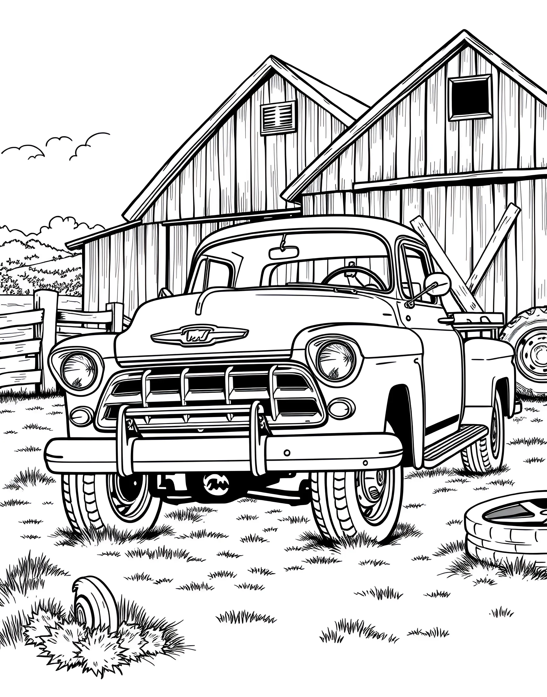 Vintage Pickup Truck Coloring Page -- prompt: "A 1950s-style pickup truck parked in front of an old barn." -- Take a trip down memory lane with this Vintage Pickup Truck coloring page! The classic truck design features rounded fenders, a spacious bed, and charming retro details. Kids can choose traditional colors or let their imagination run wild with a funky, modern twist on this timeless vehicle.