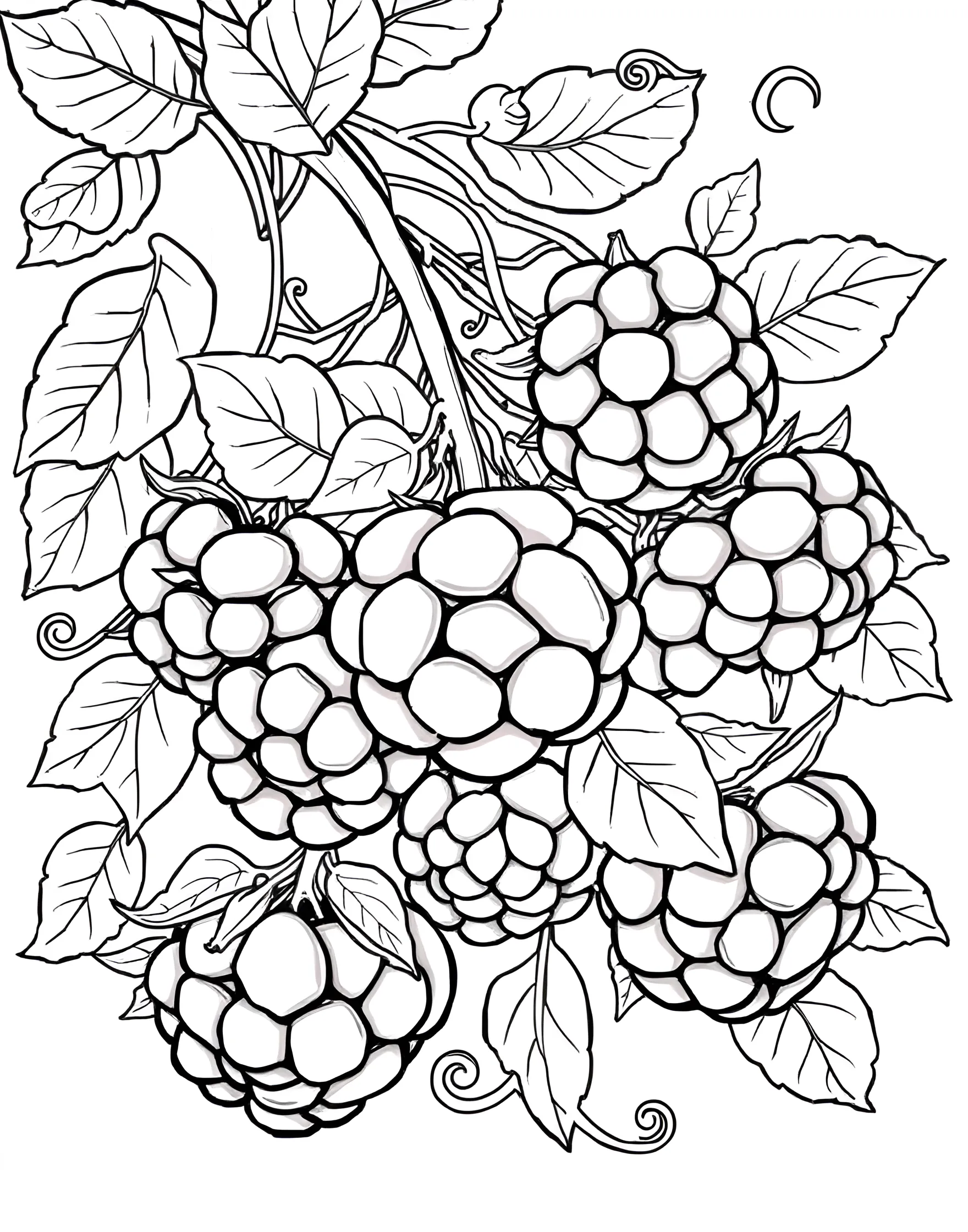 Raspberry Rhapsody Coloring Page -- prompt: "Clusters of raspberries with leaves and tendrils forming a natural pattern." -- Embark on a berry adventure with this raspberry-rich coloring page. Clusters of ripe raspberries dot the page, their distinctive bumpy texture offering a fun coloring challenge. Delicate raspberry leaves and tendrils wind through the scene, creating a sense of movement.