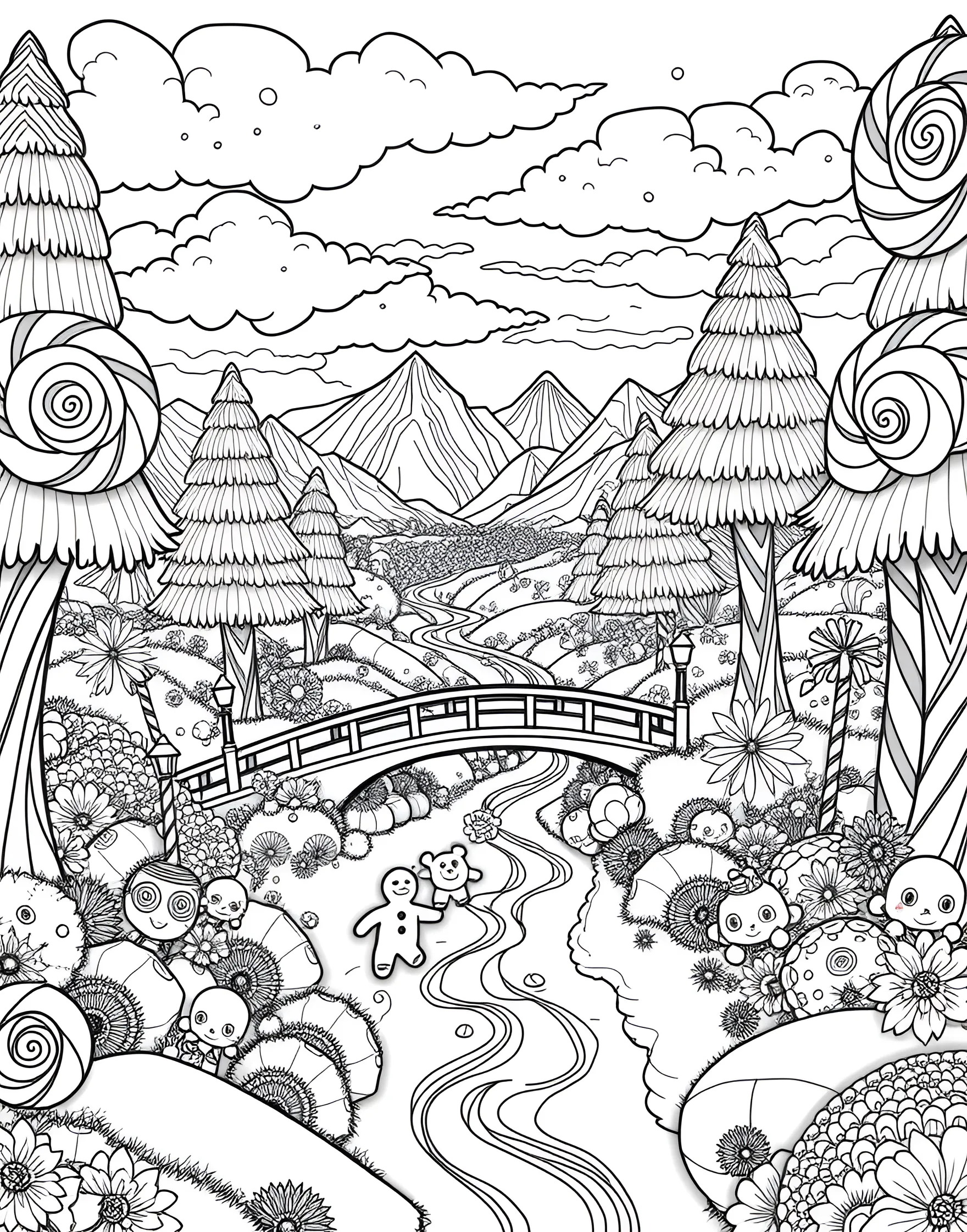 Magical Candy Land Coloring Page -- prompt: "A fantasy landscape made entirely of candy, featuring lollipop trees, gummy bears, and a chocolate river." -- Step into a world of sweetness with this delightful coloring page depicting a magical candy land. Lollipop trees, gummy bear bushes, and a chocolate river wind through a landscape of cookie mountains and cotton candy clouds. This page is a sugar-coated adventure that will satisfy the sweet tooth of any young artist, offering endless possibilities for colorful creativity.